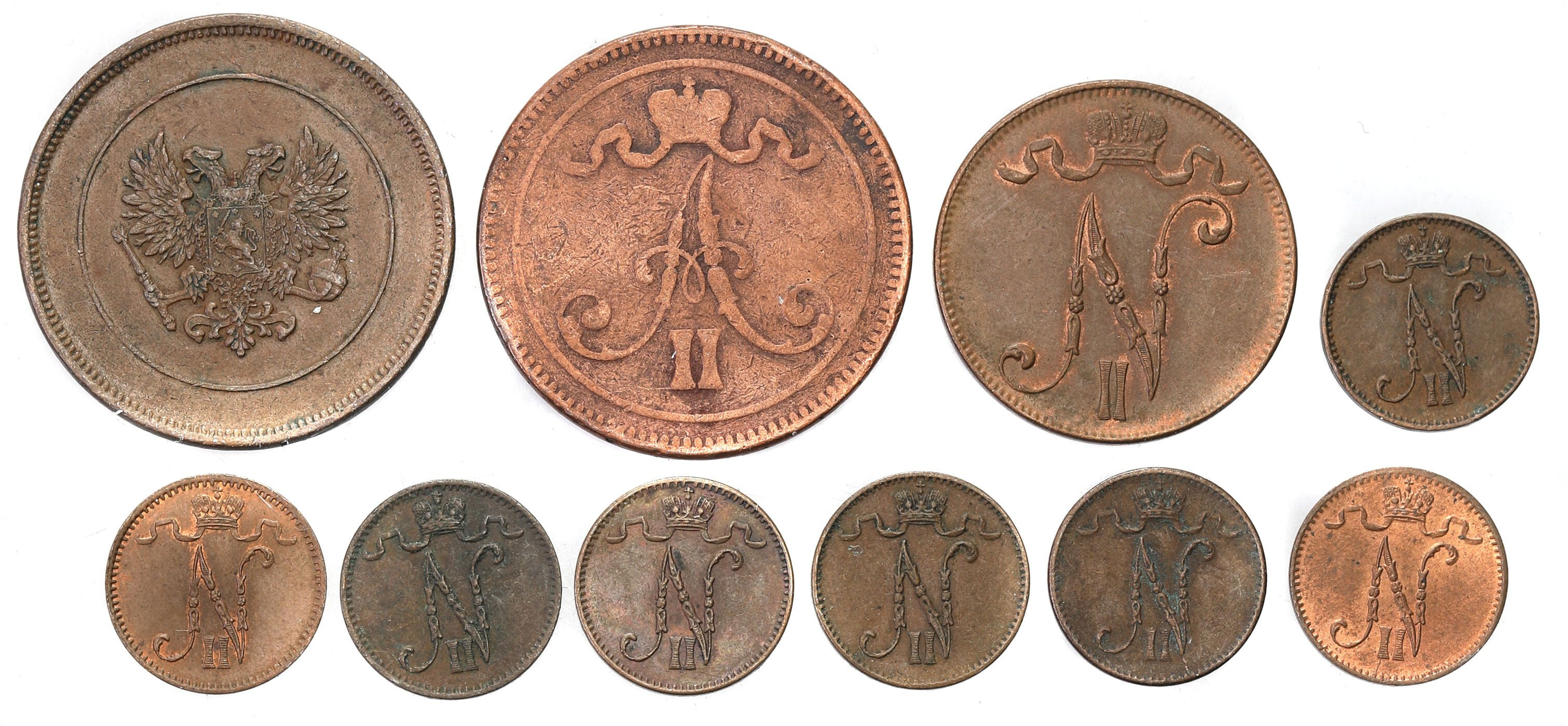 Rosja / Finlandia. 1 do 10 pennia 1867-1917 - zestaw 10 sztuk