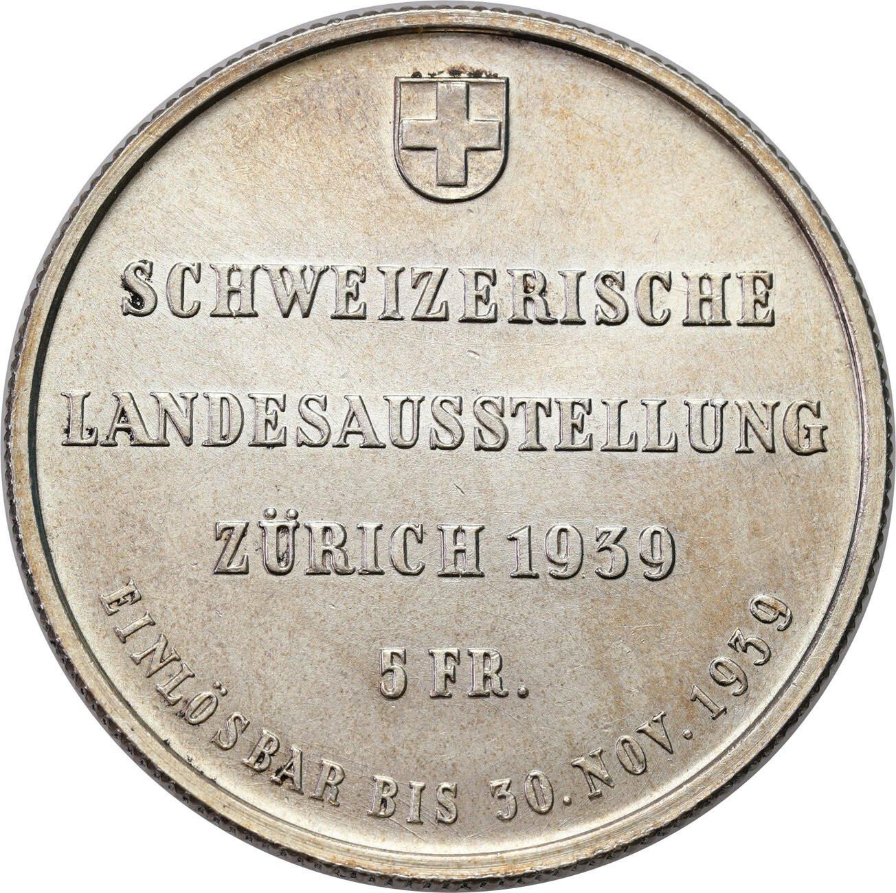 Szwajcaria. 5 franków 1939 Wystawa Narodowa w Zurychu - PIĘKNIE