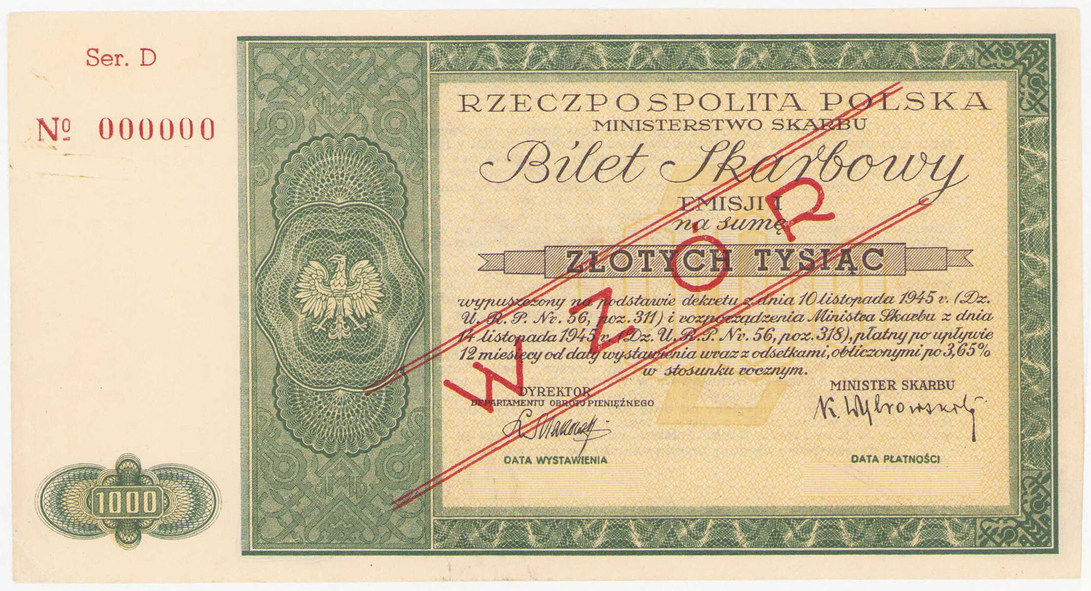 Bilet Skarbowy. WZÓR 1.000 złotych emisja 1945 seria D - RZADKOŚĆ R8