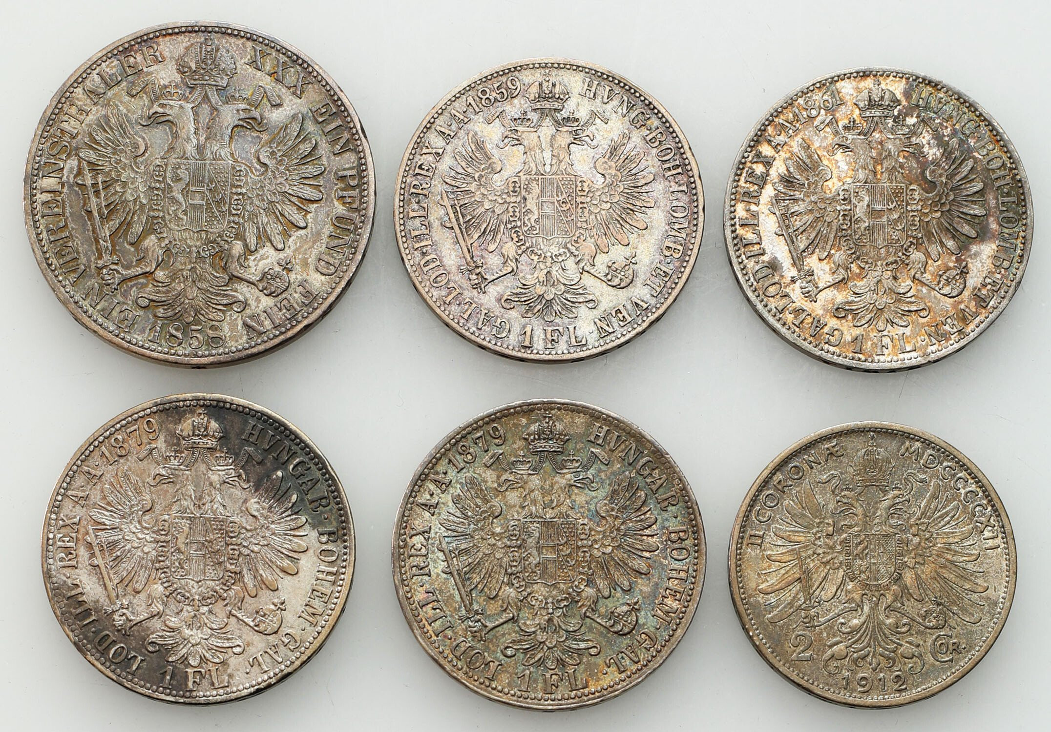 Austria, Franciszek Józef I (1848–1916). Talar 1858, floren 1861-1879 i 2 korony 1912, zestaw 6 monet