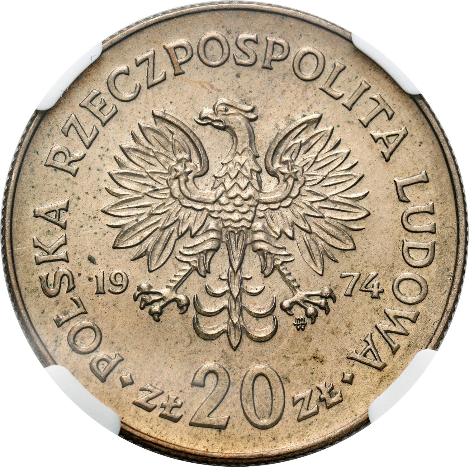 PRL. PRÓBA miedzionikiel 20 złotych 1974 Marceli Nowotko, NGC MS62 - Nakład 20 sztuk - RZADKOŚĆ