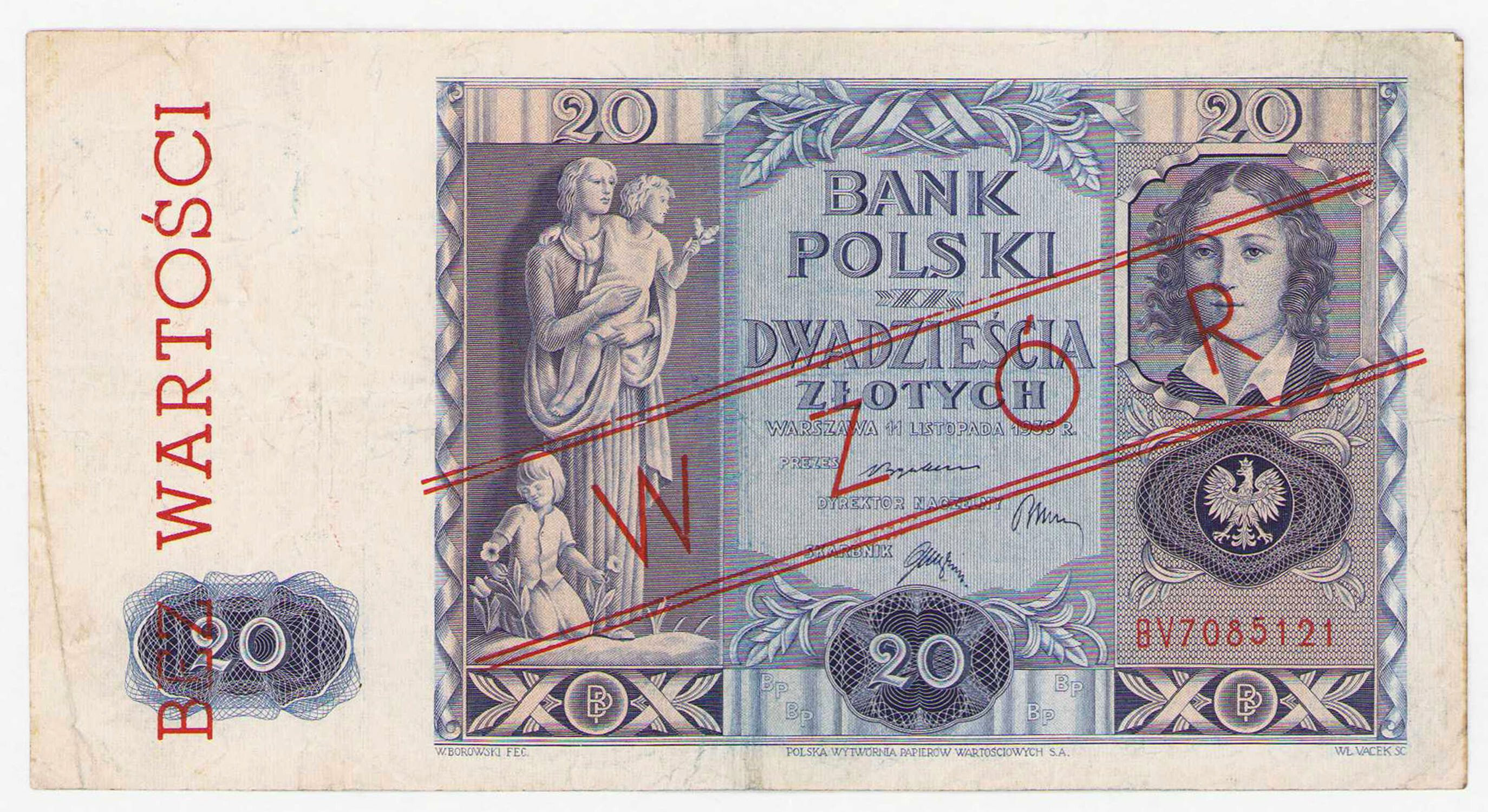 Falsyfikat wzoru 20 złotych 1932 seria BV