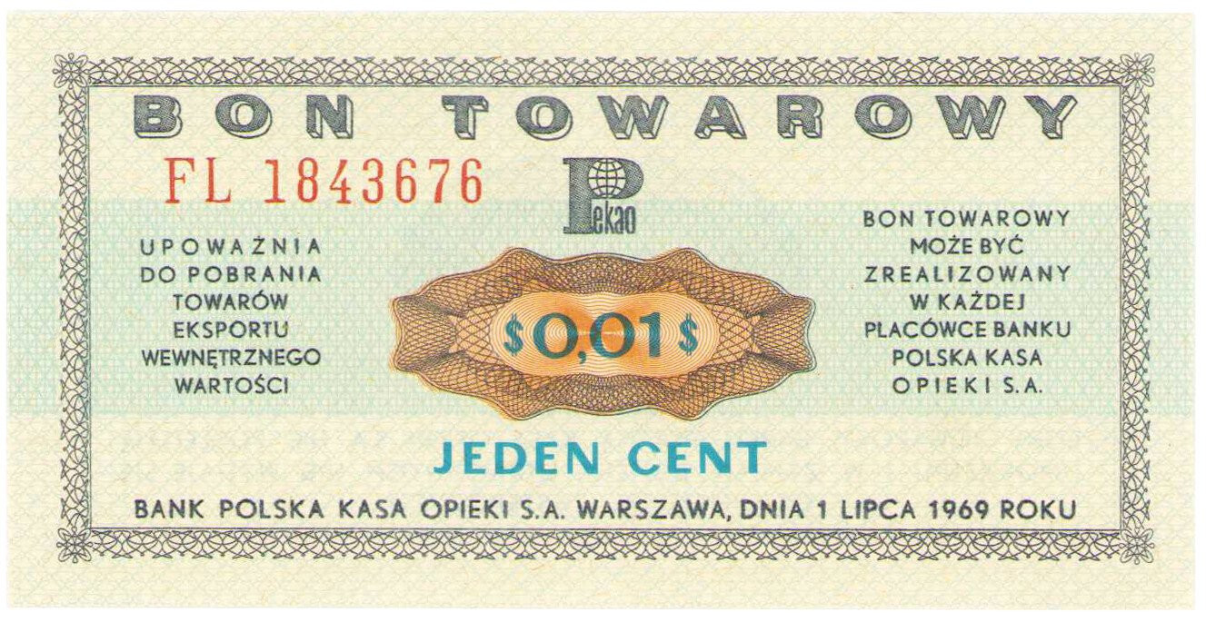 Bon towarowy PEKAO na 1 cent 1969 seria FL