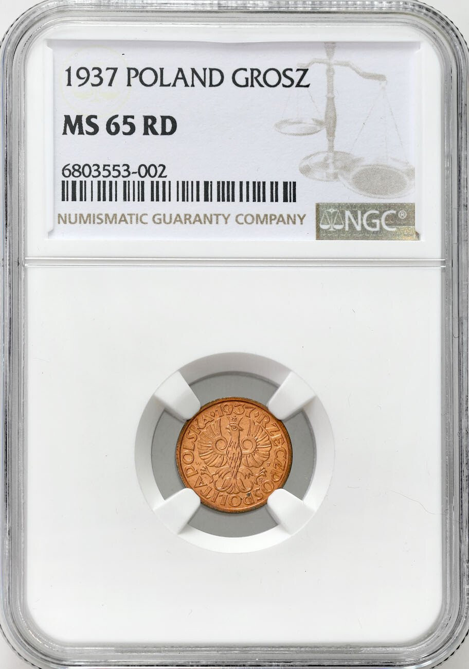 II RP. 1 grosz 1937 NGC MS65 RD – PIĘKNY