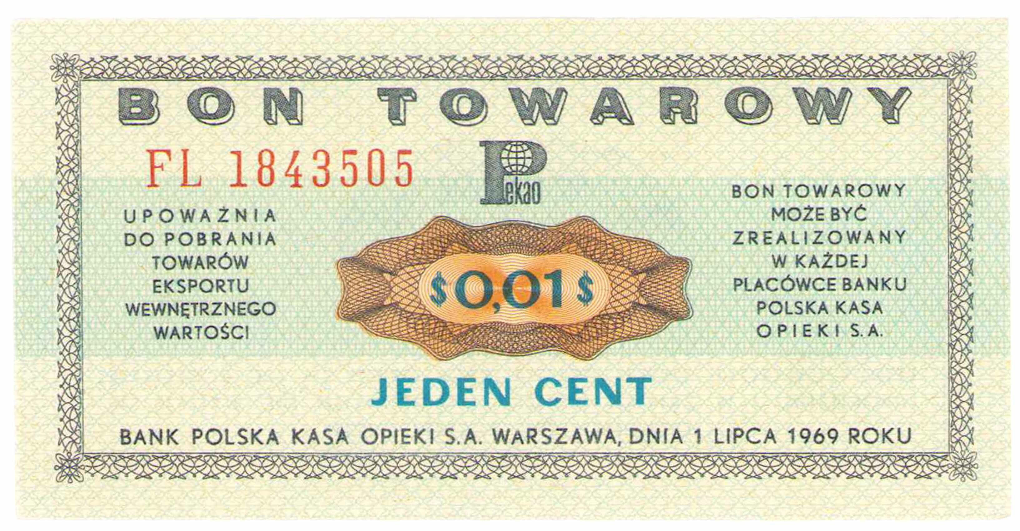 Bon towarowy PEKAO na 1 cent 1969 seria FL 