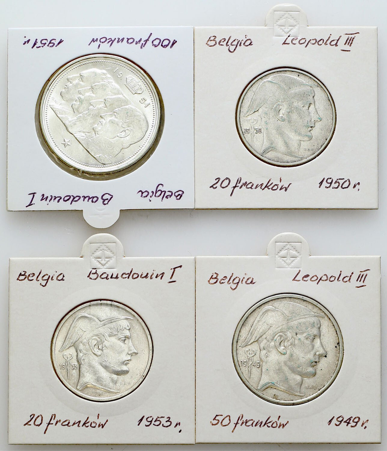 Belgia. 20 - 100 franków 1949-1953, zestaw 4 sztuk