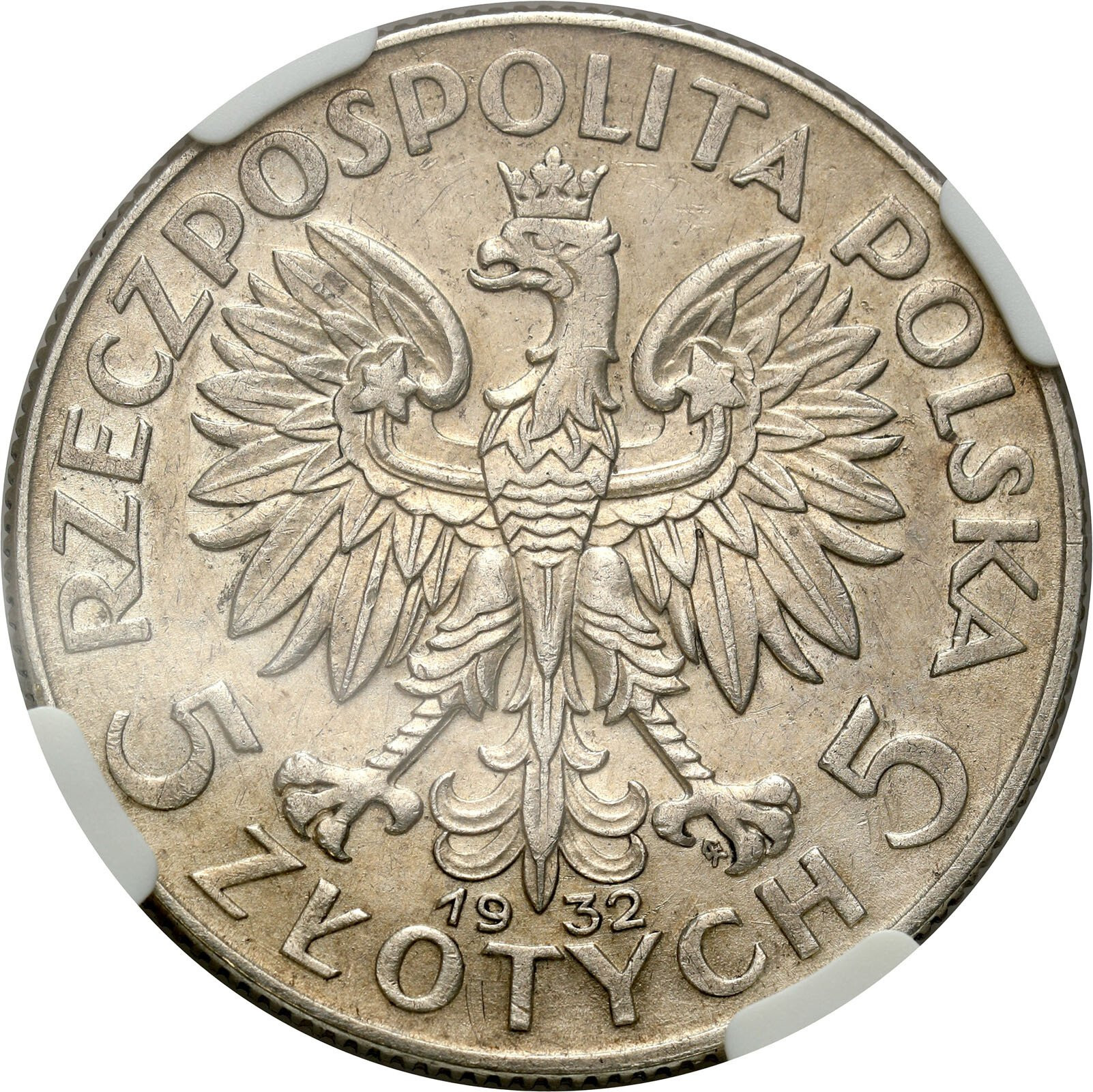 II RP. 5 złotych 1932 głowa kobiety, ze ZNAKIEM MENNICY NGC AU55