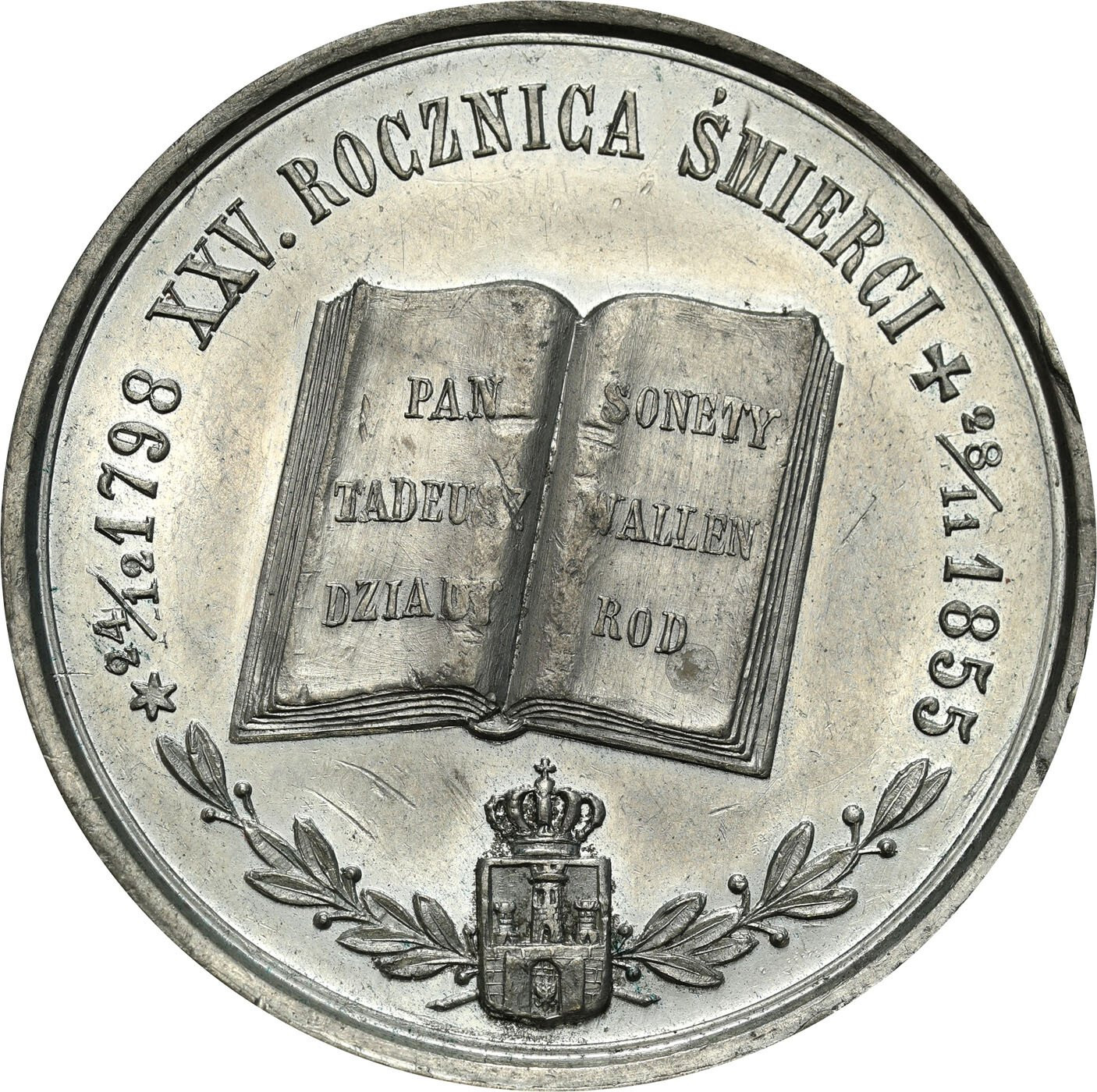 Polska pod zaborami. Medal 25 rocznica śmierci Adama Mickiewicza 1880, cynk