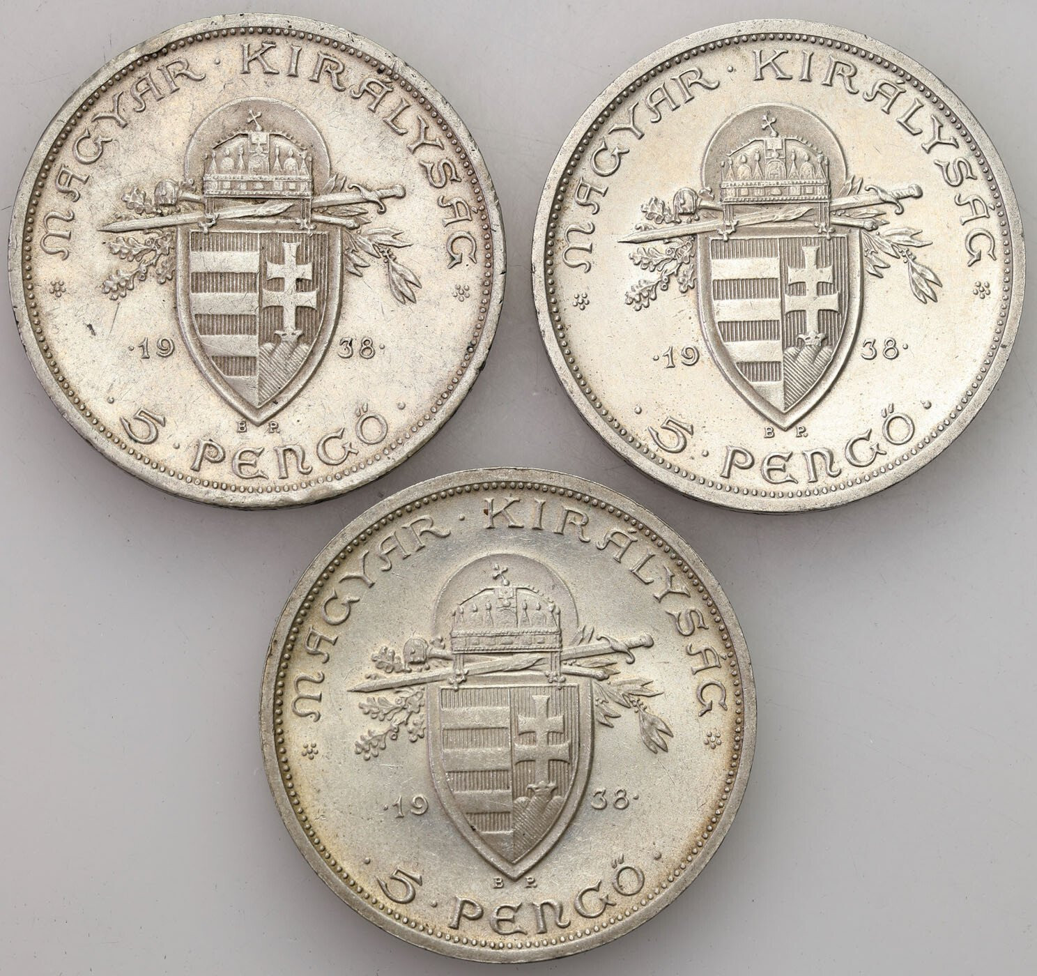 Węgry. 5 pengo 1938 BP, Budapeszt, zestaw 3 sztuk