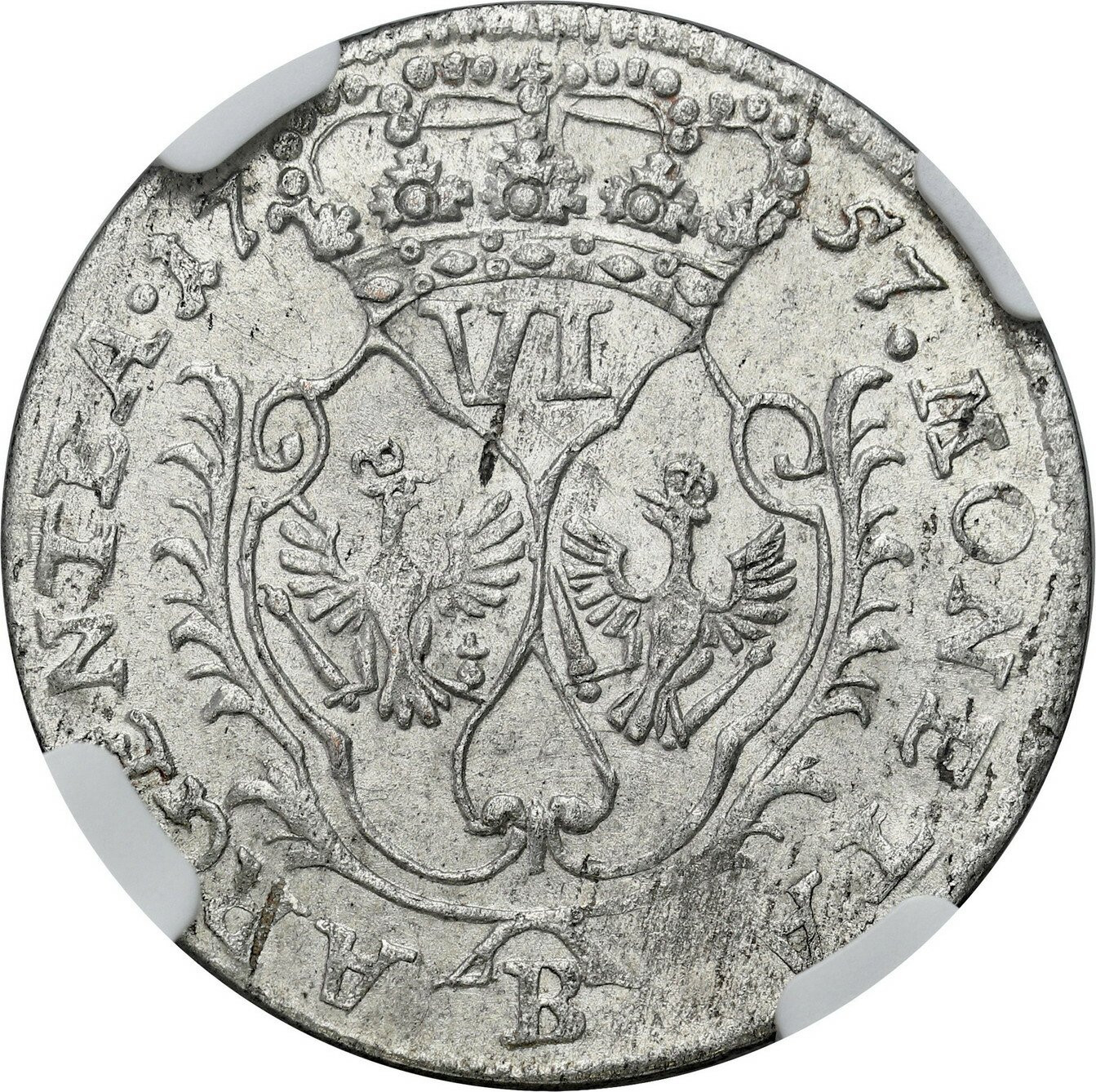 Powiązane z Polską. Niemcy. Prusy. Fryderyk II (1740-1786). Szóstak (6 groszy) 1757 B, Wrocław, NGC MS61