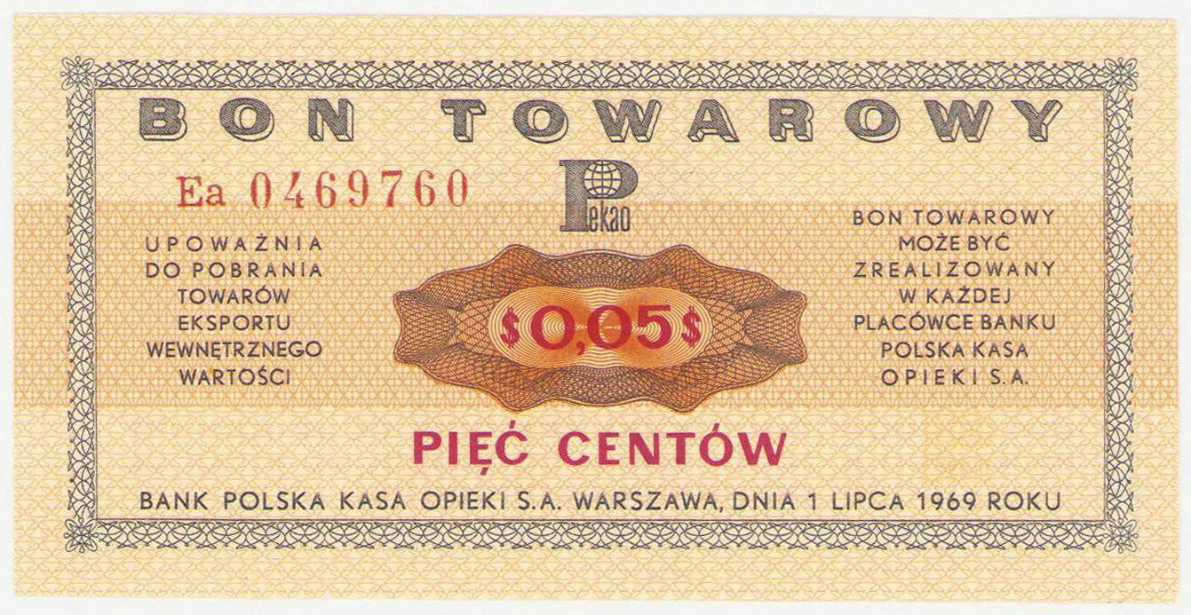 Bank PEKAO S.A. Bon na 5 centów 1969 seria Ea - PIĘKNE
