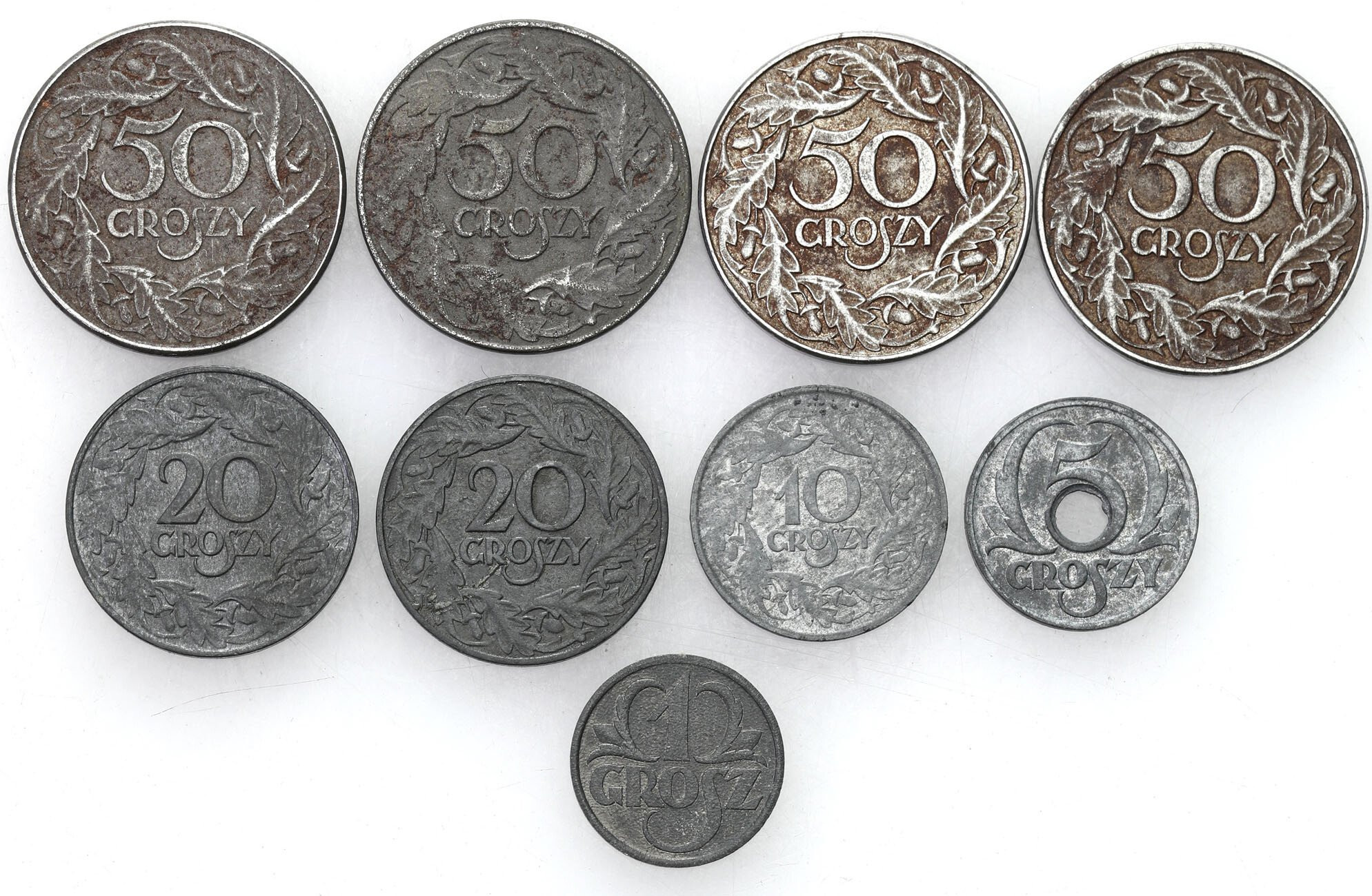 Generalna Gubernia. 1 do 50 groszy 1923, 1939, zestaw 9 monet
