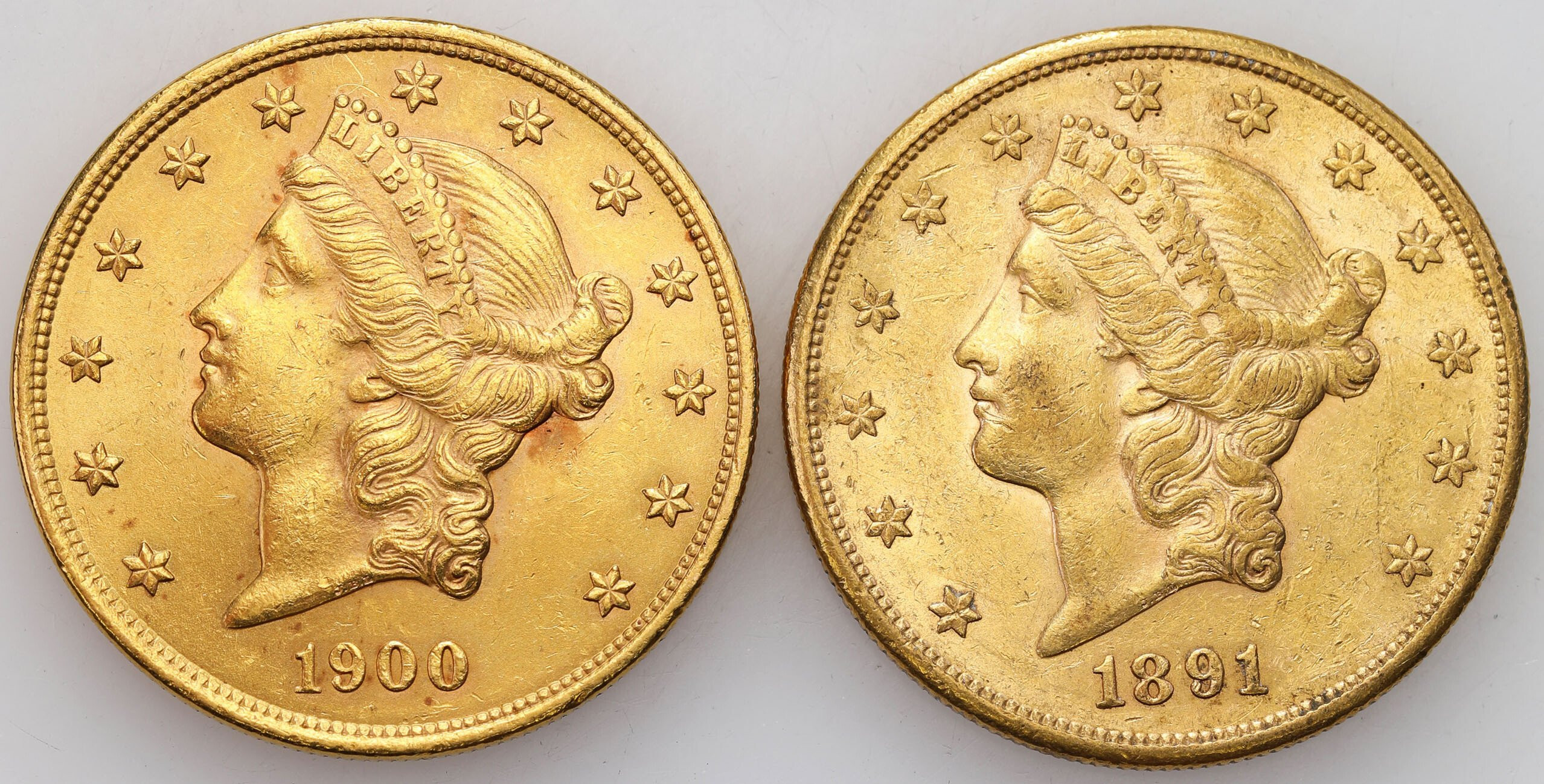 USA. 20 dolarów 1891 S - San Francisco i 1900 -Filadelfia, zestaw 2 monet