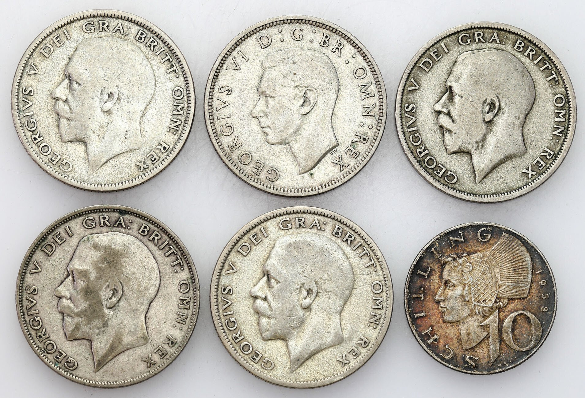 Wielka Brytania, Austria. 1/2 korony 1920-1938 i 10 szylingów 1958, zestaw 6 sztuk 
