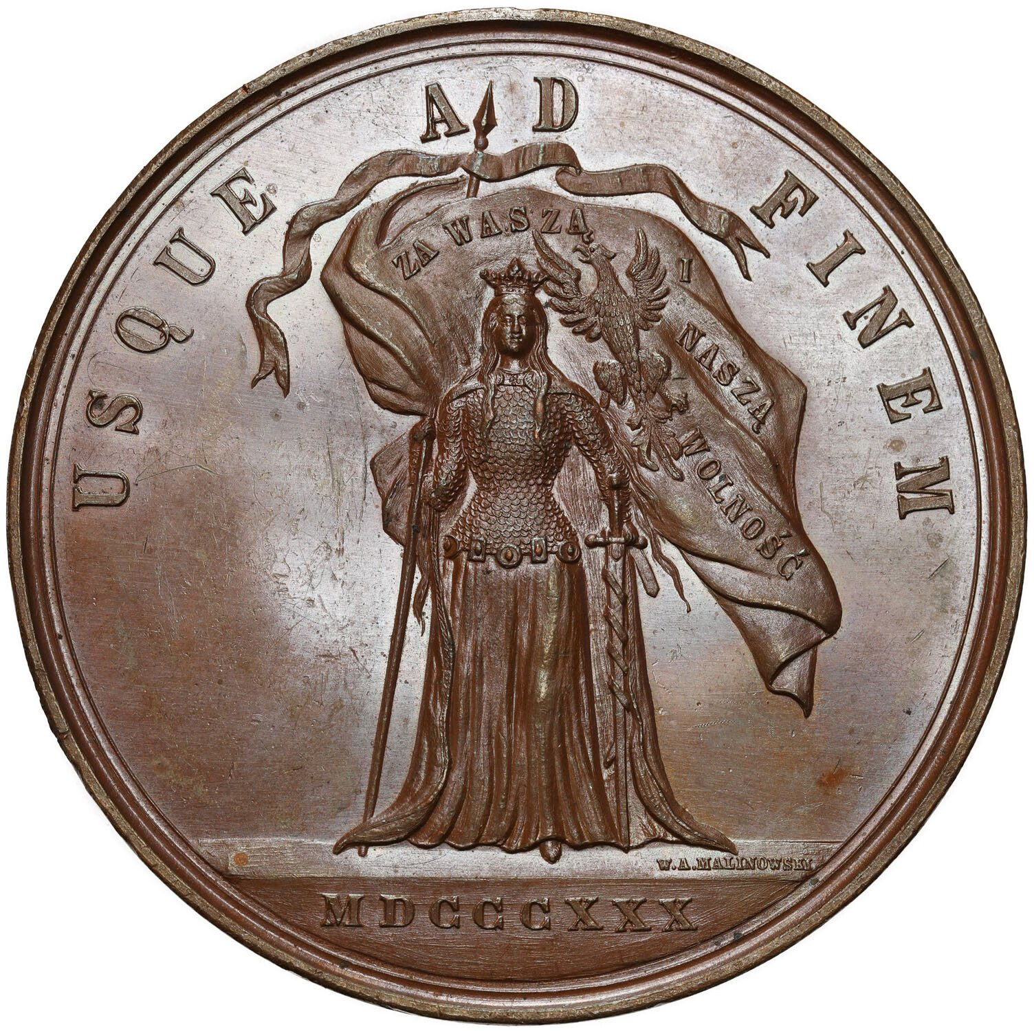 Polska pod zaborami. Medal Bohaterom Powstania Listopadowego 1880, brąz - WYŚMIENITY