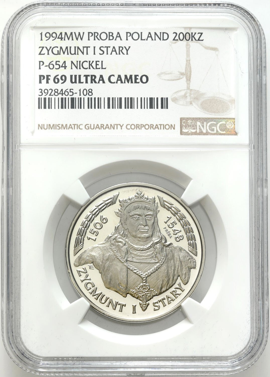 III RP. PRÓBA Nikiel 200.000 złotych 1994 Zygmunt I Stary - popiersie NGC PF69 ULTRA CAMEO (2 MAX) - PIĘKNE