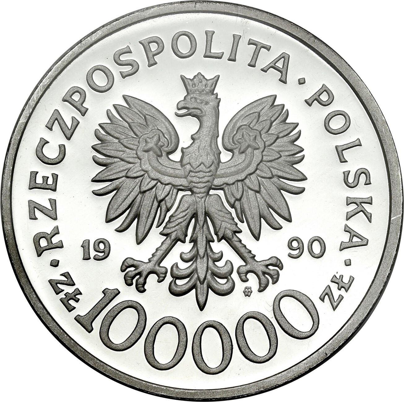 III RP. 100.000 złotych 1990 Solidarność gruba 32 mm GCN PR70 - RZADKIE