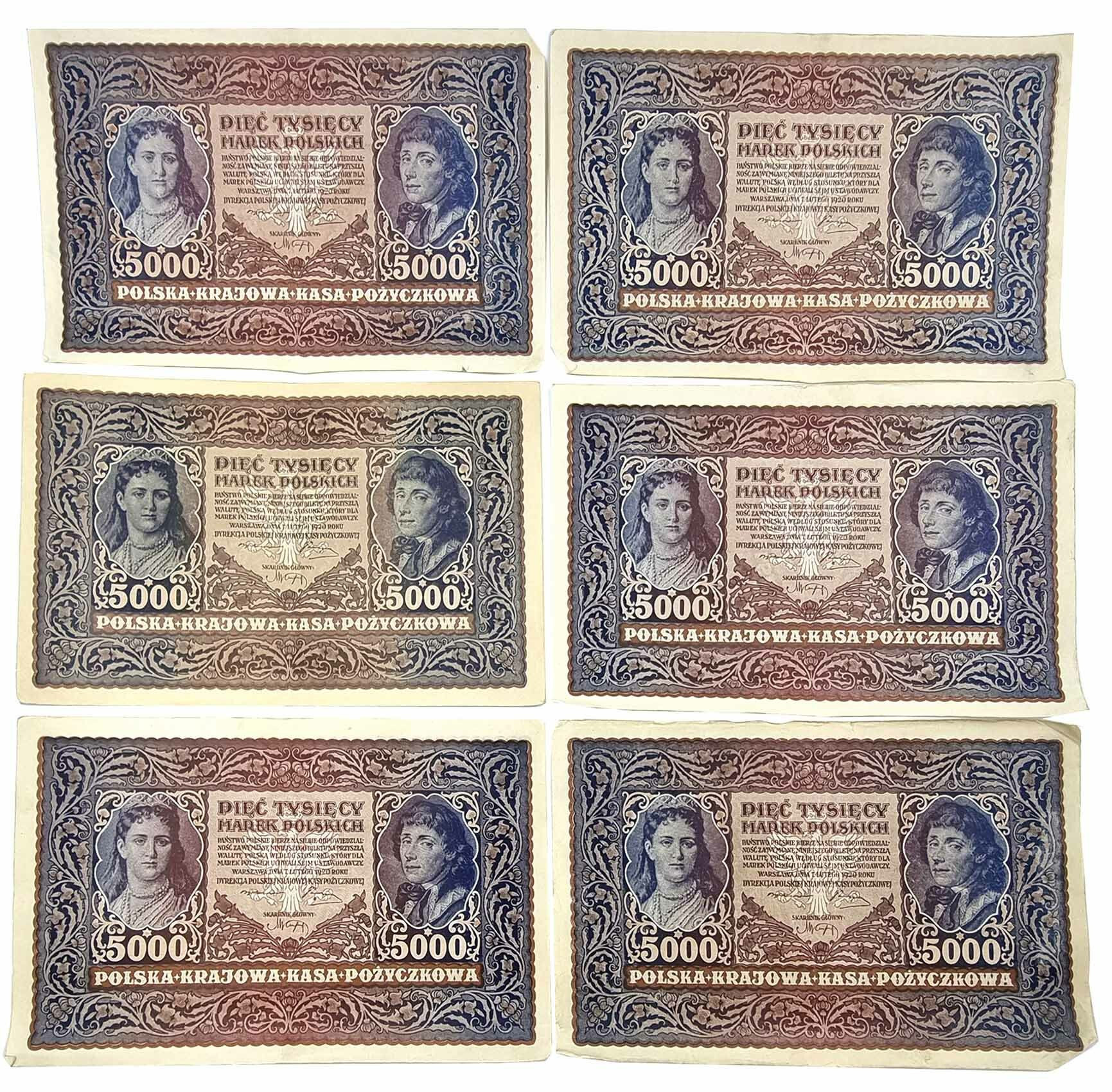 5.000 marek polskich 1920, różne serie, zestaw 6 banknotów