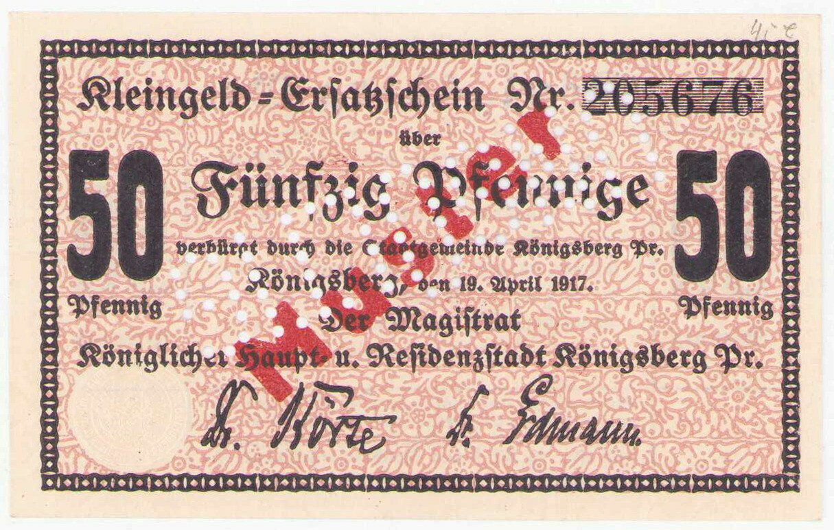 Niemcy, Prusy Wschodnie Königsberg - Kaliningrad. Testowy Notgeld MUSTER 50 fenigów 1917