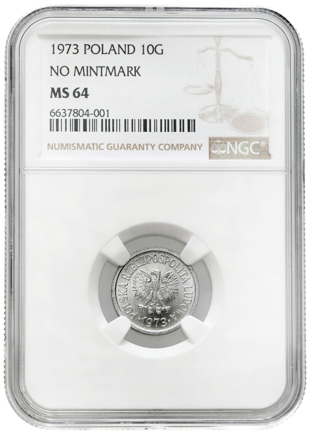 PRL. 10 groszy 1973 BEZ ZNAKU NGC MS64 - Najrzadsza moneta PRL