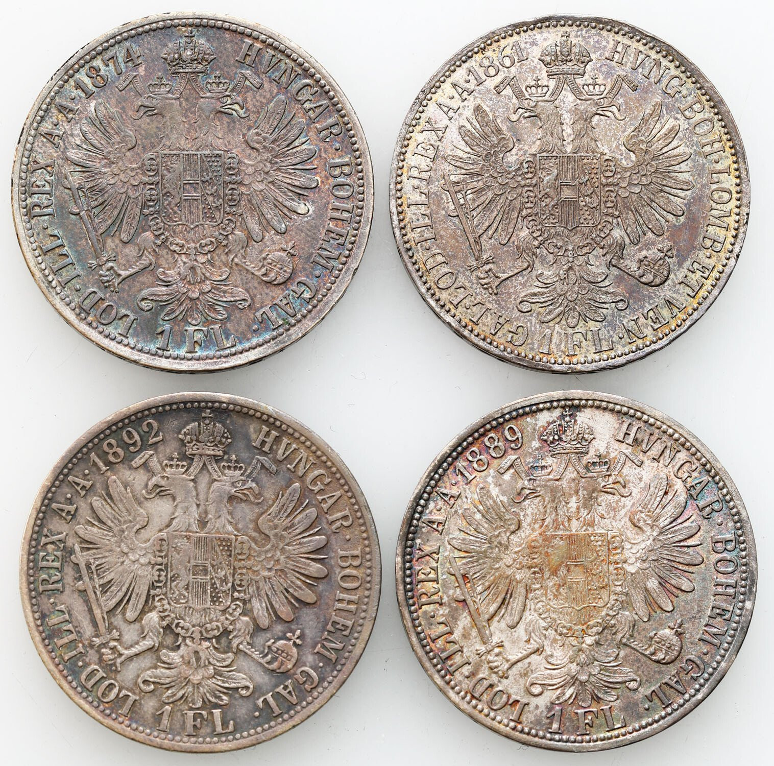 Austria. 1 floren 1861-1892, Wiedeń, zestaw 4 monet