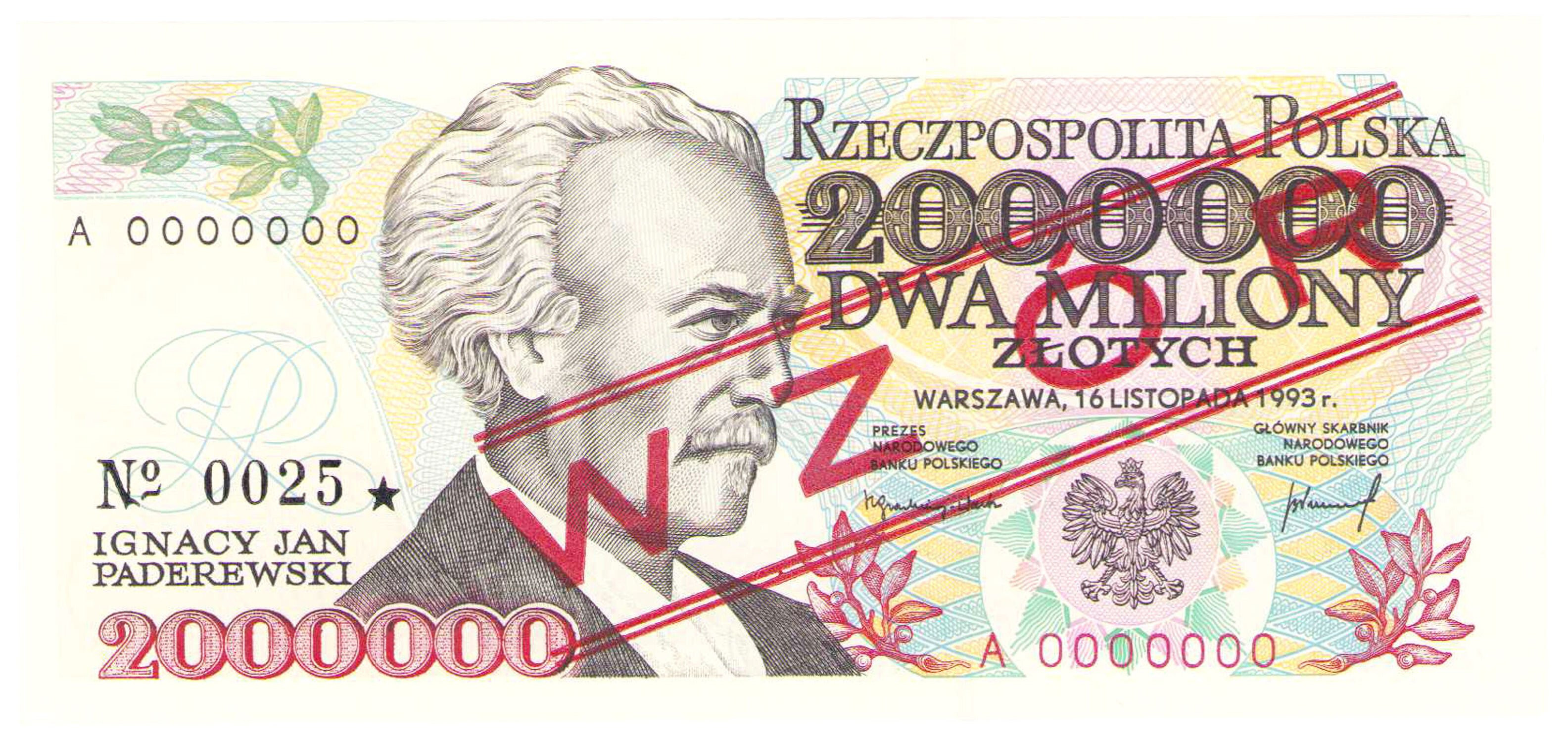 WZÓR / SPECIMEN. 2.000.000 złotych 1993 seria A - Nr 0025