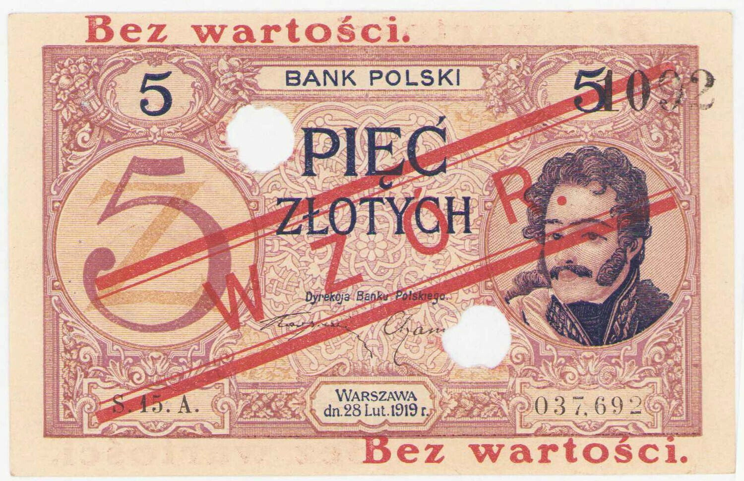 WZÓR 5 złotych 1919 seria 15. A. - RZADKOŚĆ R6