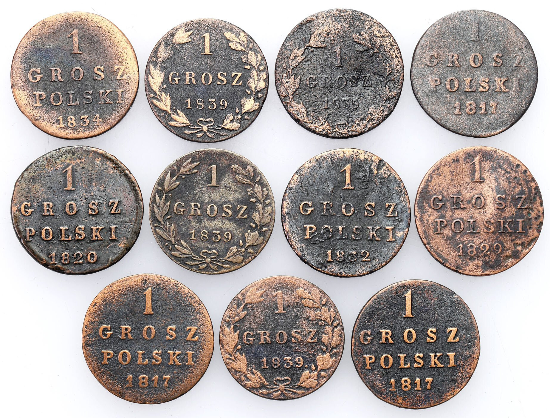 Polska XIX w./Rosja. Grosz z miedzi krajowej 1817-1839, Warszawa, zestaw 11 monet