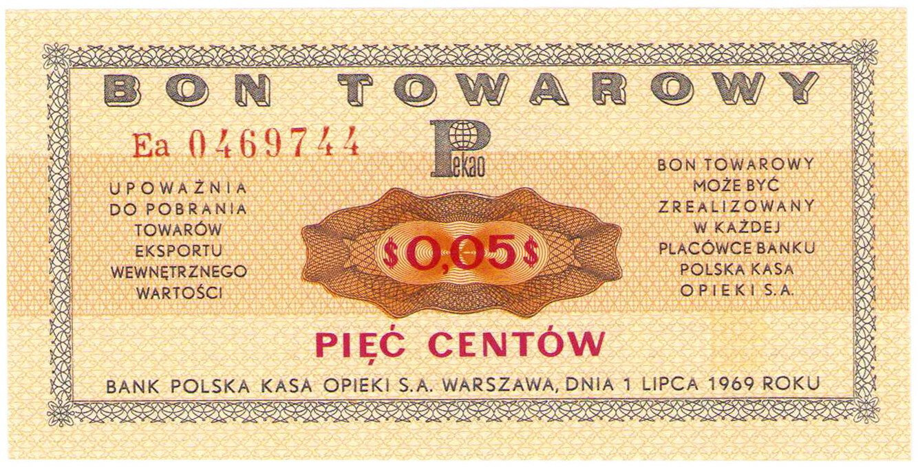 Bank PEKAO S.A. Bon na 5 centów 1969 seria Ea - PIĘKNE