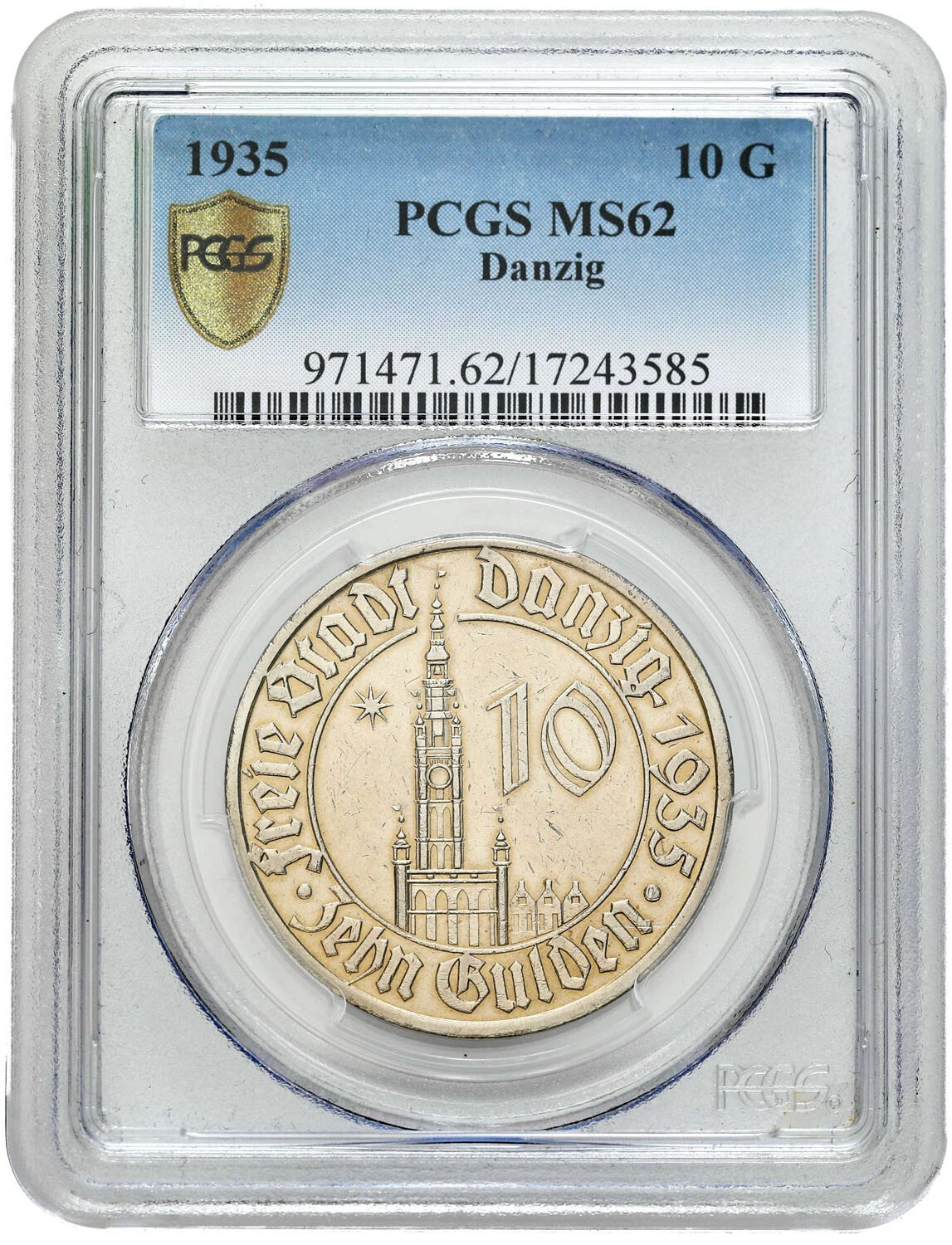 Wolne Miasto Gdańsk / Danzig. 10 Guldenów 1935 Ratusz PCGS MS62 – RZADKIE
