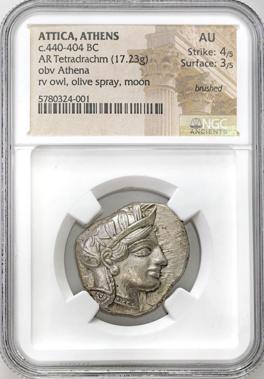 Grecja. Tetradrachma, 454 - 404 p. n. e., Ateny NGC AU 4/5 3/5 - ŁADNA
