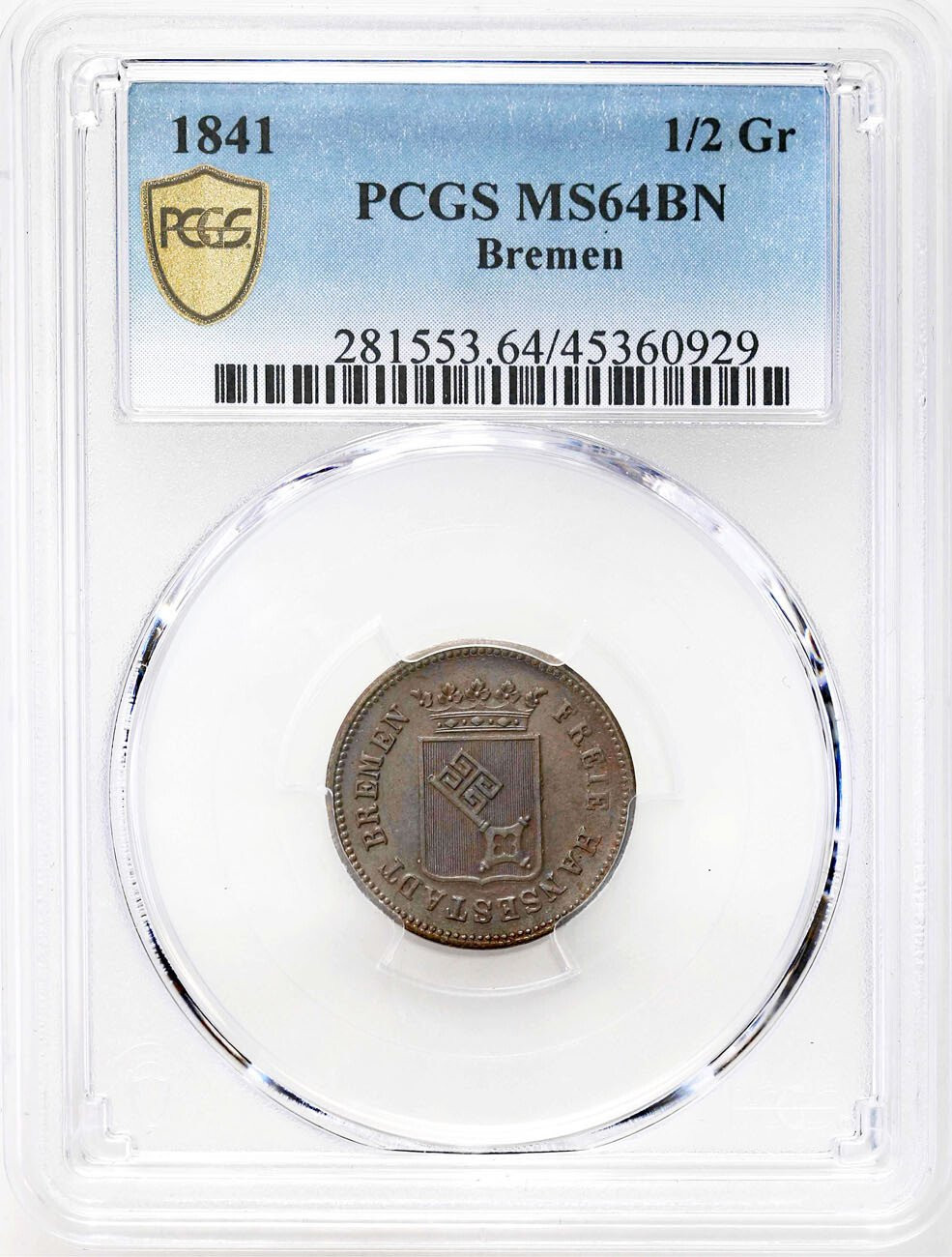 Niemcy, Brema. 1/2 grote 1841 PCGS MS64 BN (MAX) – PIĘKNY