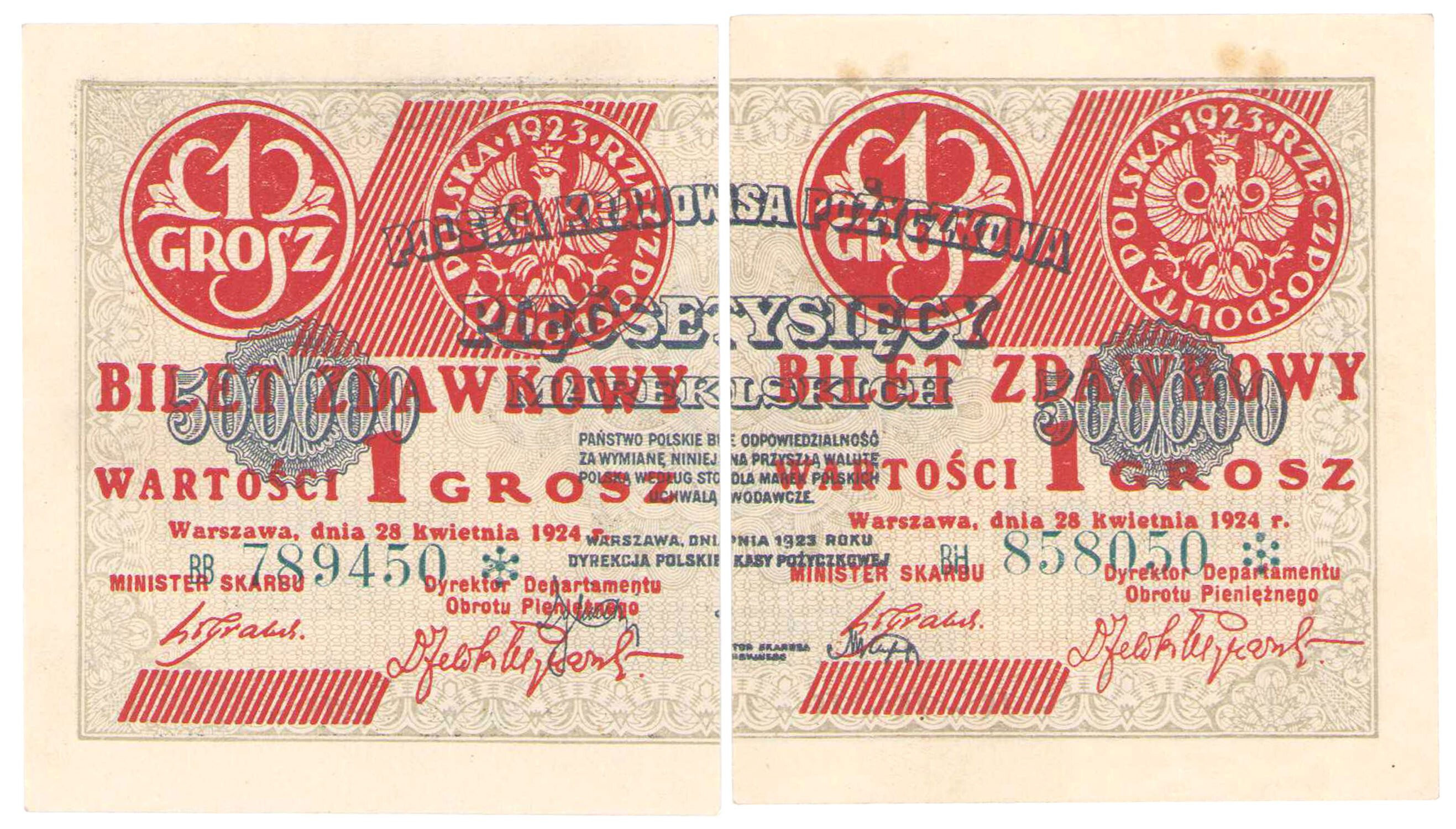 1 grosz 1924 seria BB - lewa strona i 1 grosz 1924 seria BH - prawa strona