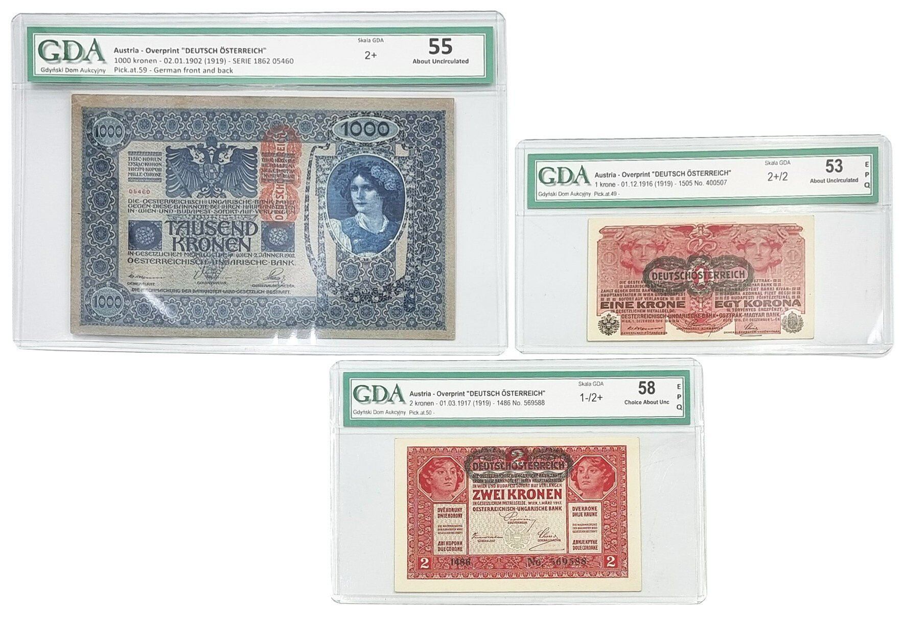 Austria. 1 do 1.000 koron 1919, zestaw 3 sztuk 