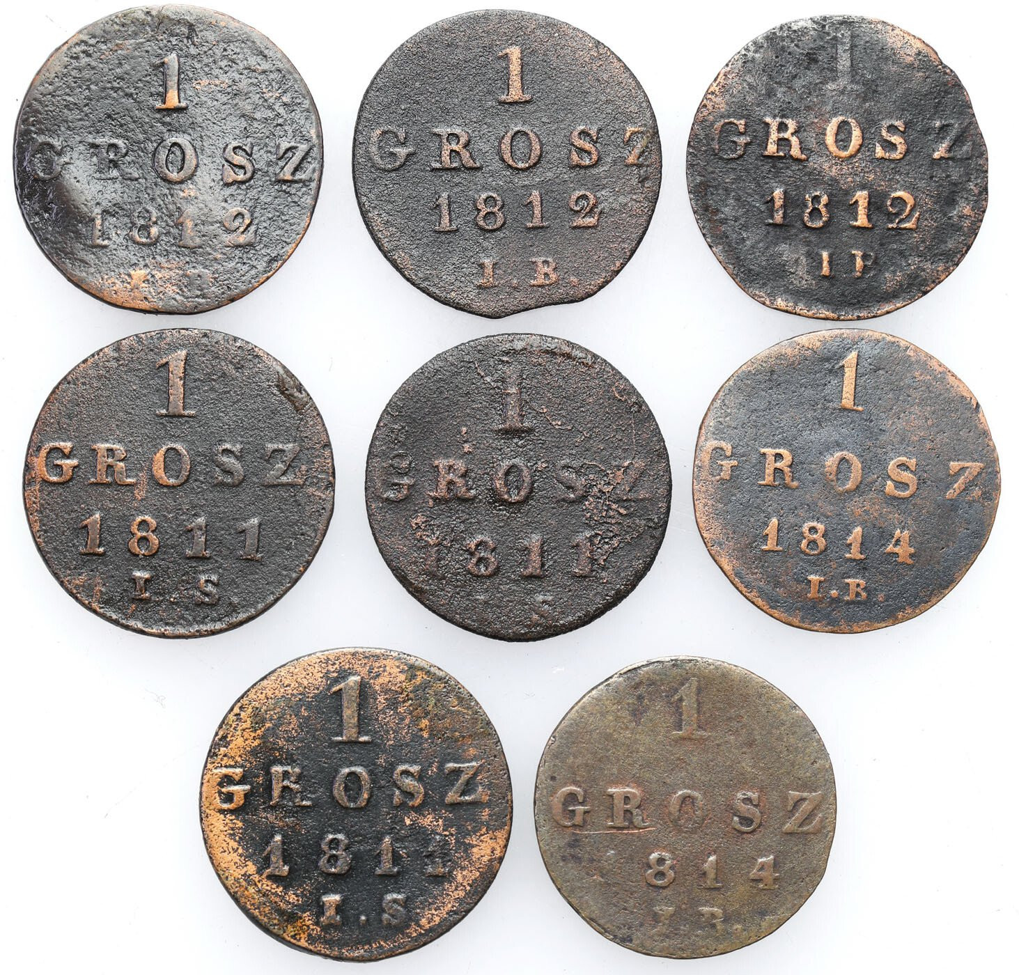 Księstwo Warszawskie. Grosz 1811-1814, Warszawa, zestaw 8 monet