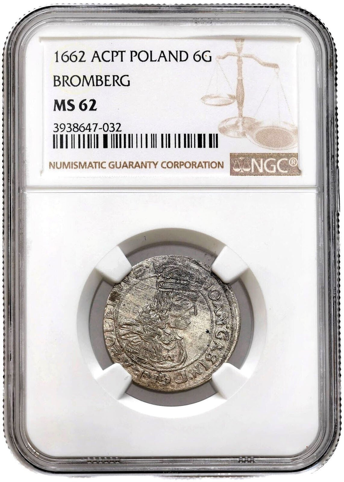 Jan Kazimierz. Szóstak (6 groszy) 1662 AC-PT, Lwów, NGC MS62 (2 MAX) - PIĘKNY i RZADKI