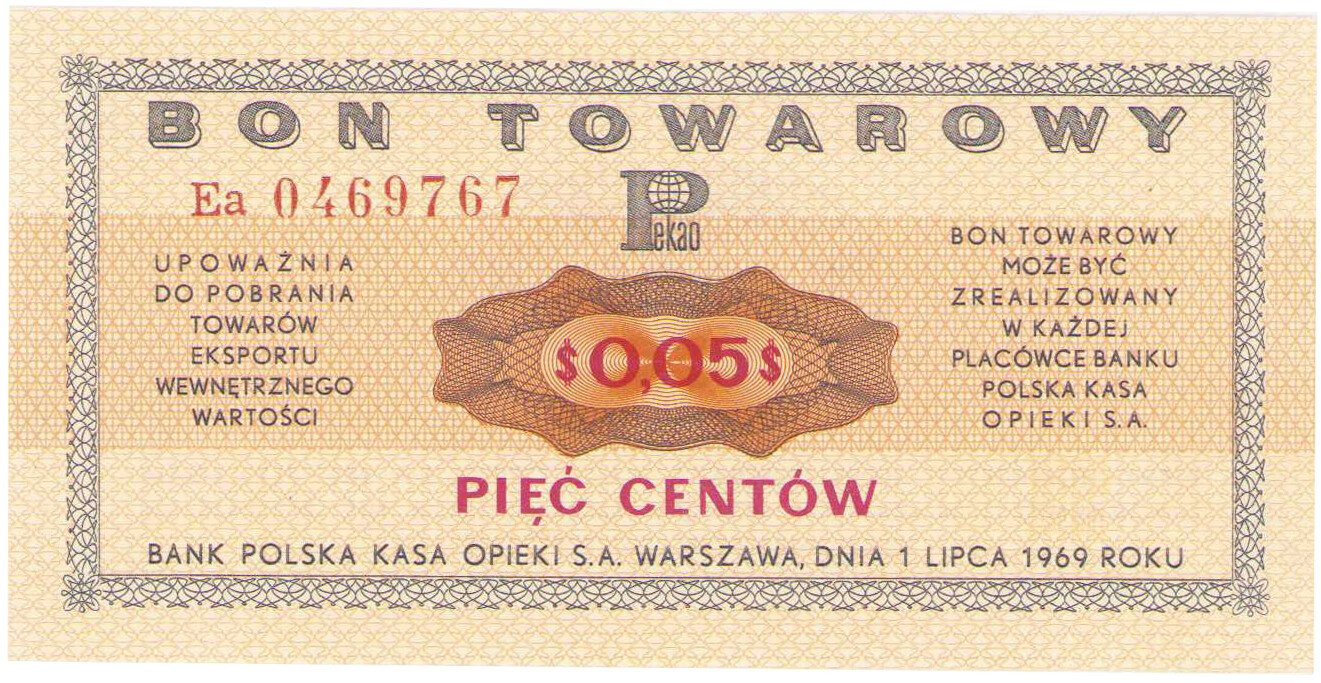 Bank PKO S.A. Bon na 5 centów 1969 seria Ea - PIĘKNE