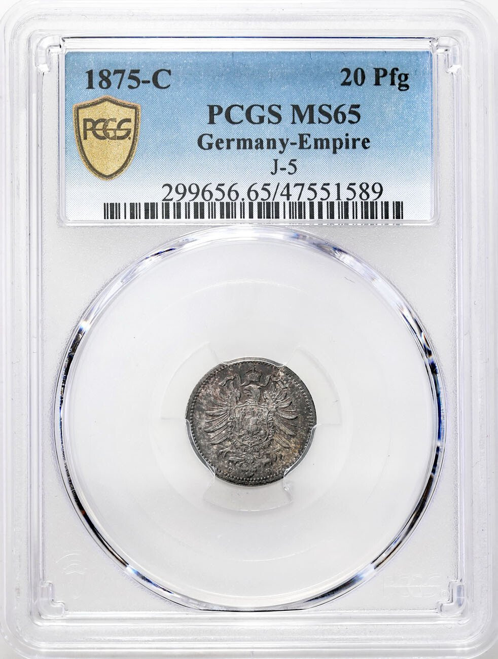 Cesarstwo Niemieckie. 20 fenigów 1875 C, Frankfurt PCGS MS65 (2 MAX) – PIĘKNY