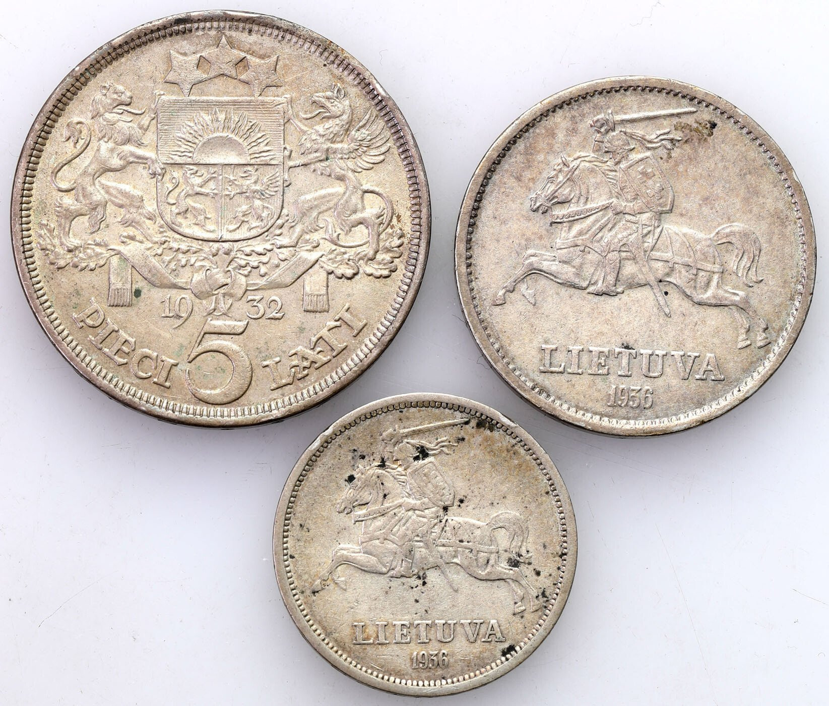 Litwa, Łotwa. 5 Lati 1932, 10 litu 1936, 5 litu 1938, zestaw 3 monet