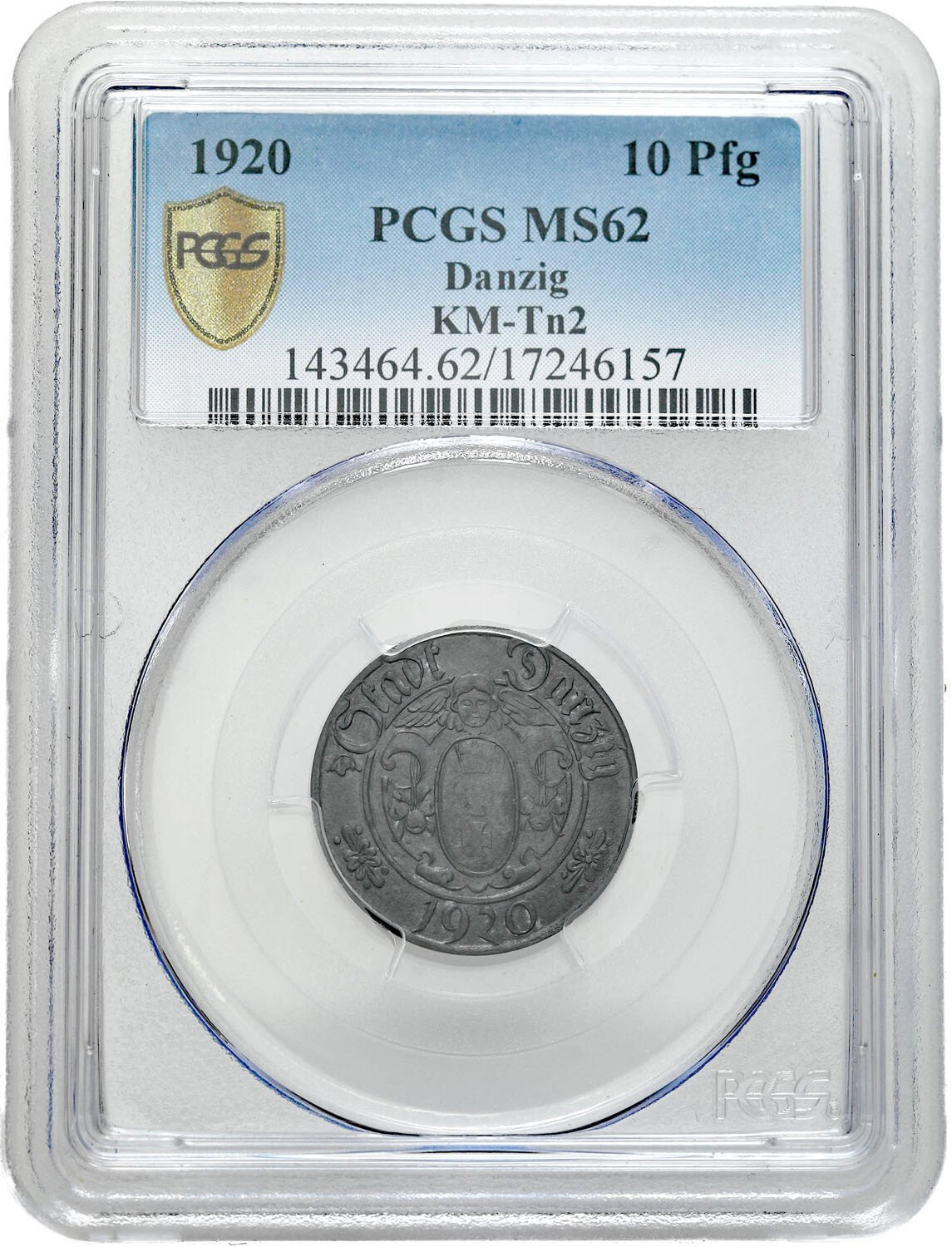 Wolne Miasto Gdańsk/Danzig. 10 fenigów 1920 duże cyfry PCGS MS62 (MAX) - RZADKOŚĆ