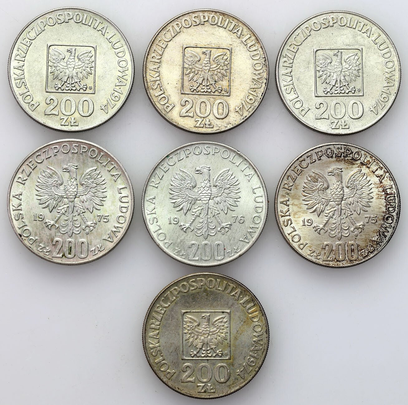 PRL. 200 złotych 1974-1976 Mapka, Igrzyska, Faszyzm, zestaw 7 sztuk