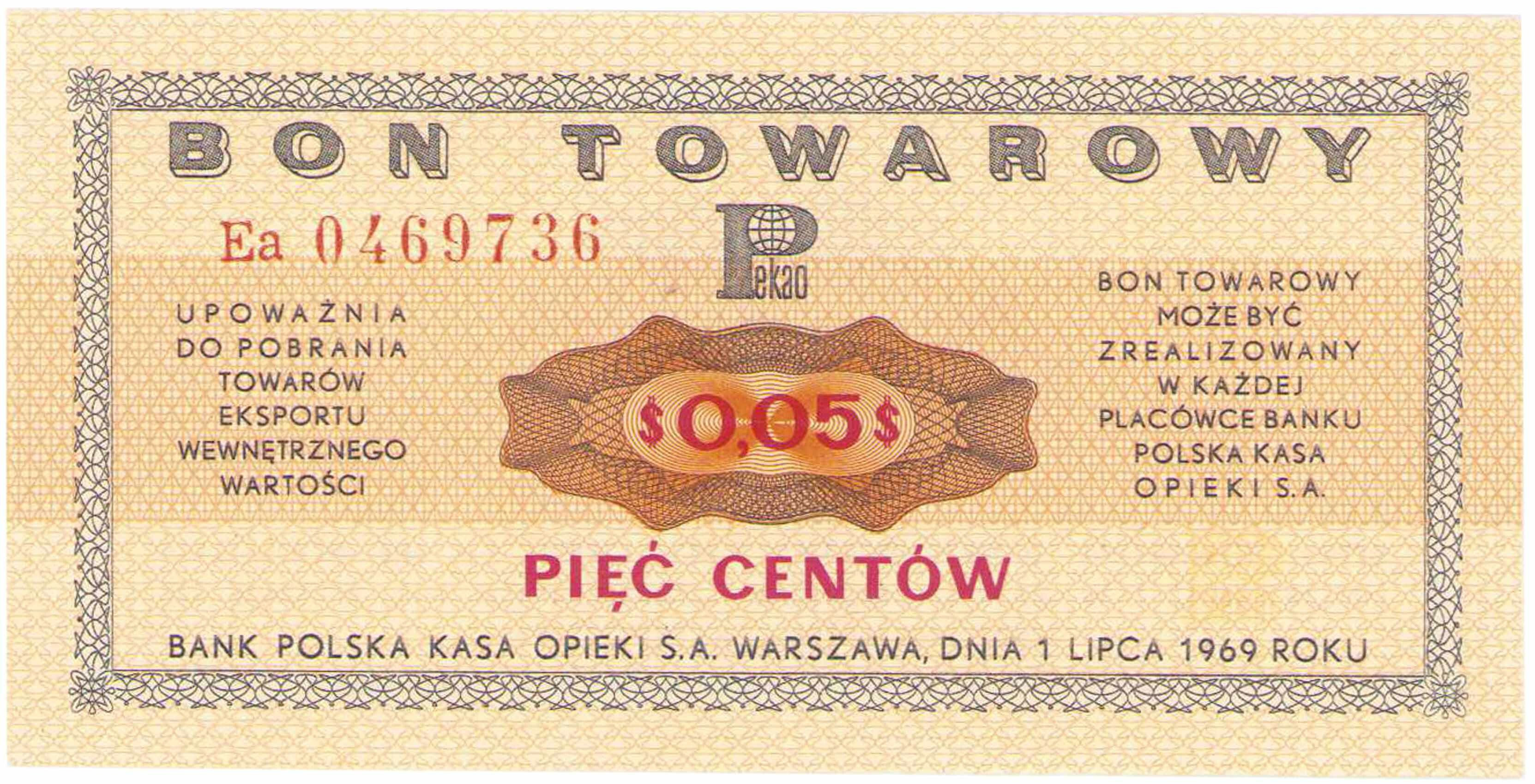 Bon towarowy PEKAO na 5 centów 1969 seria Ea – PIĘKNY