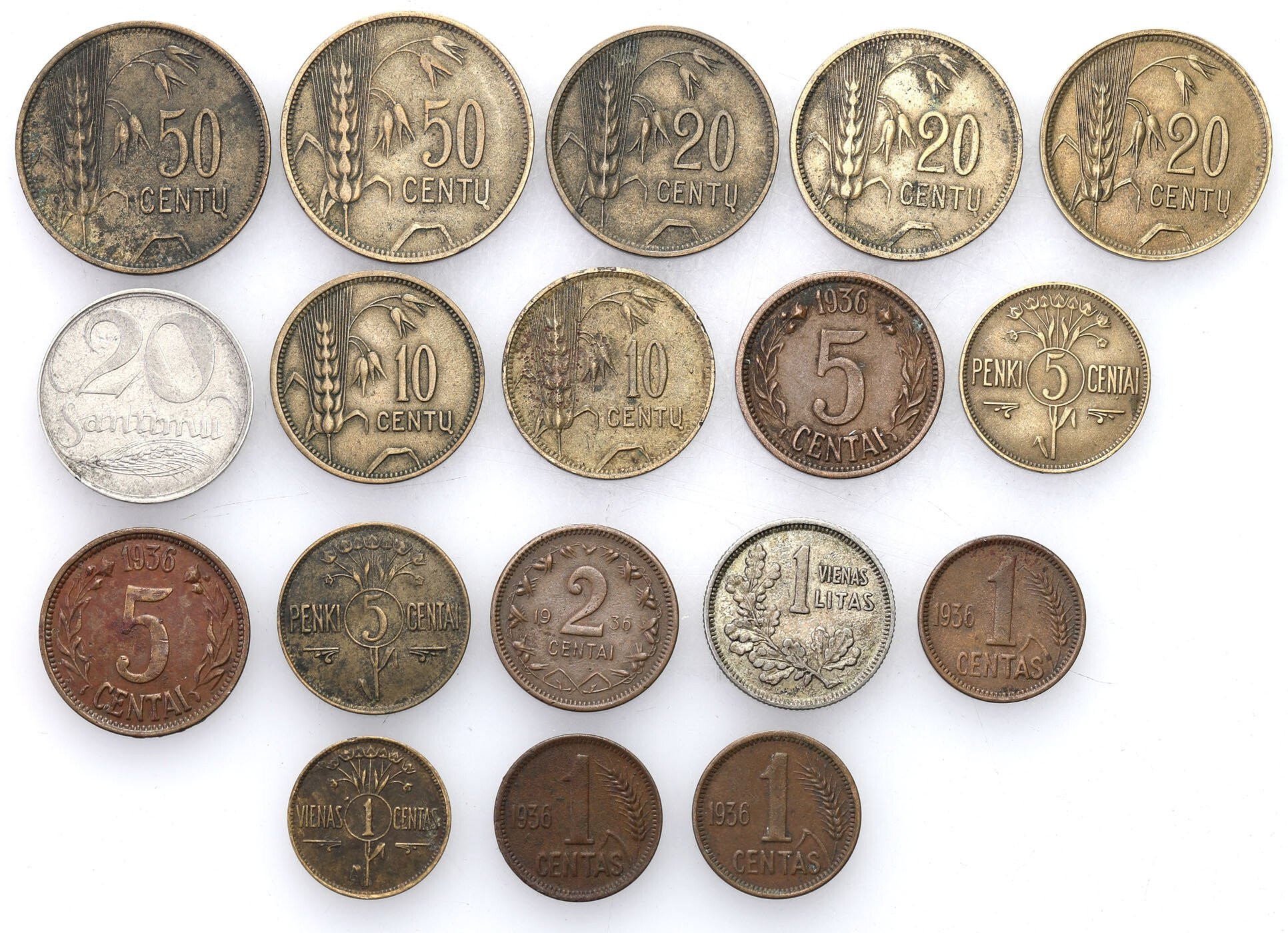 Litwa, Łotwa. 1 do 50 centu 1915-1936, zestaw 18 monet
