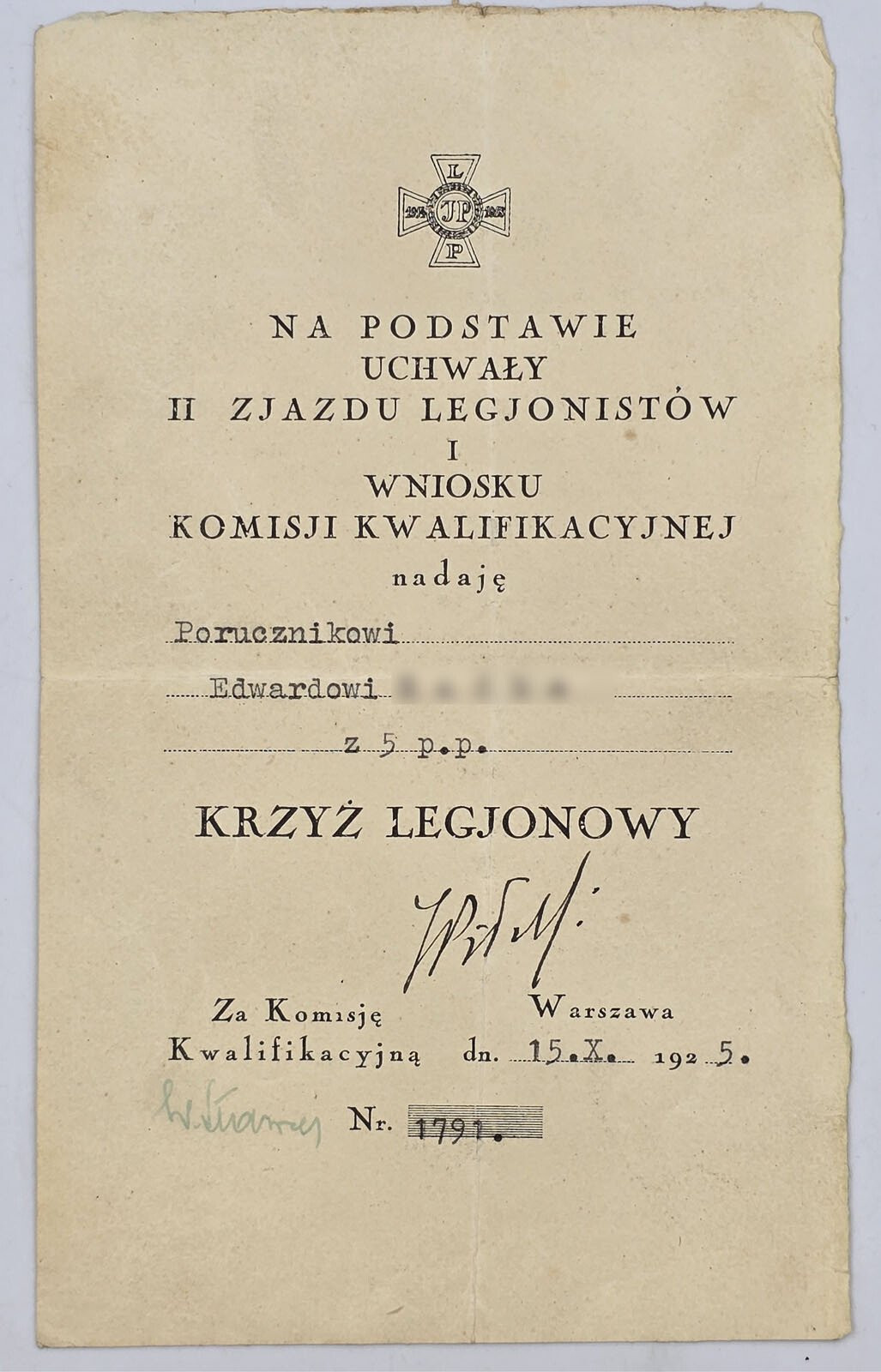 II RP. Dyplom Krzyż Legionowy