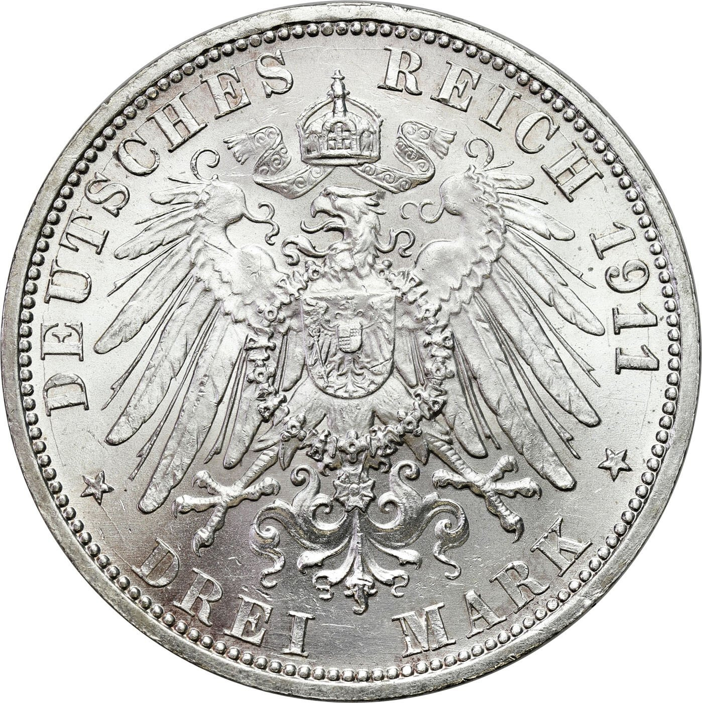 Niemcy, Prusy. Wilhelm II (1888–1918). 3 marki 1911 A, Berlin – PIĘKNE