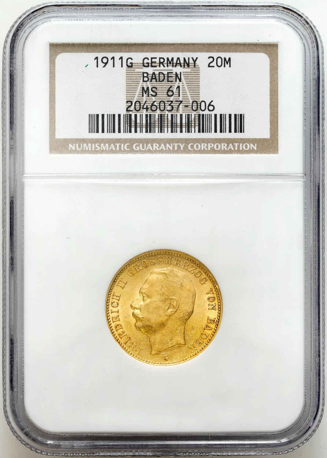 Niemcy, Badenia. Fryderyk II (1907–1918). 20 marek 1911 G, Karlsruhe NGC MS61 - PIĘKNE
