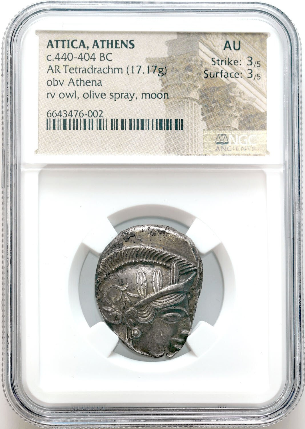 Grecja, Tetradrachma SOWA 440 – 404 p.n.e. Ateny – NGC Ch AU - WYŚMIENITA