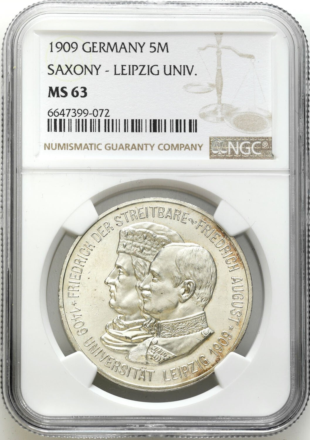 Niemcy. Saksonia. Fryderyk August III (1904–1918). 5 marek 1909 Muldenhütten NGC MS63 – PIĘKNE