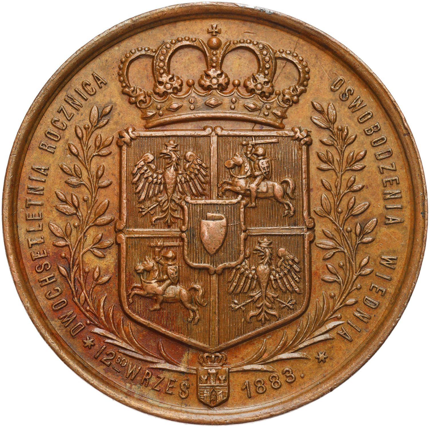 Polska XIX wiek. Medal z 1883 r. Kraków, 200-lecie zwycięstwa pod Wiedniem, brąz - RZADKI