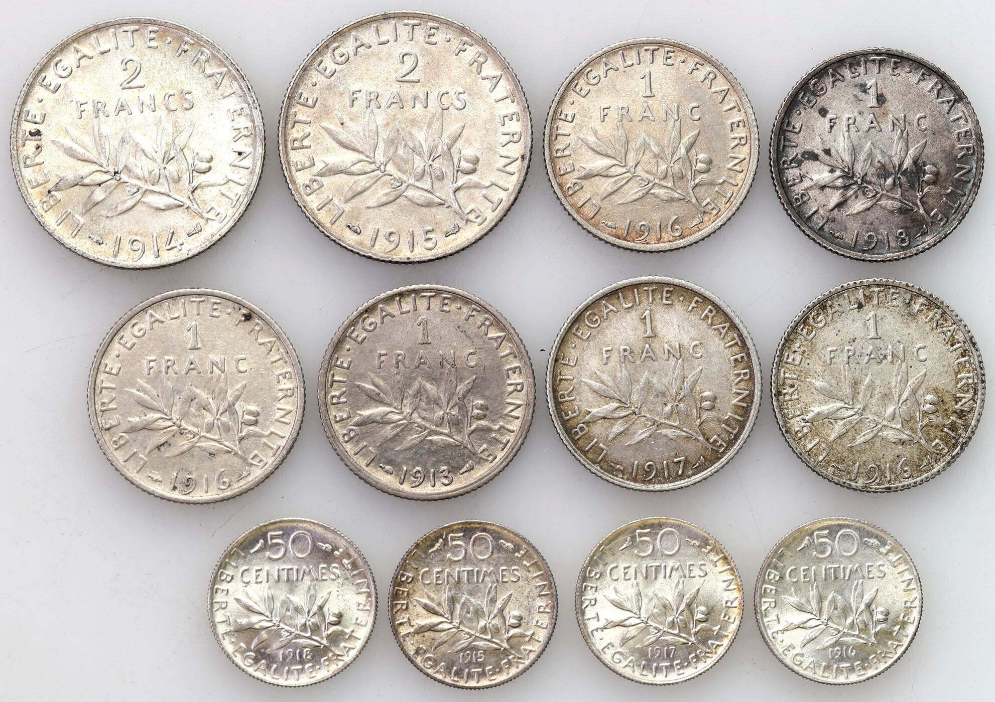 Francja. 50 centimes do 2 franków 1913-1918, zestaw 12 monet